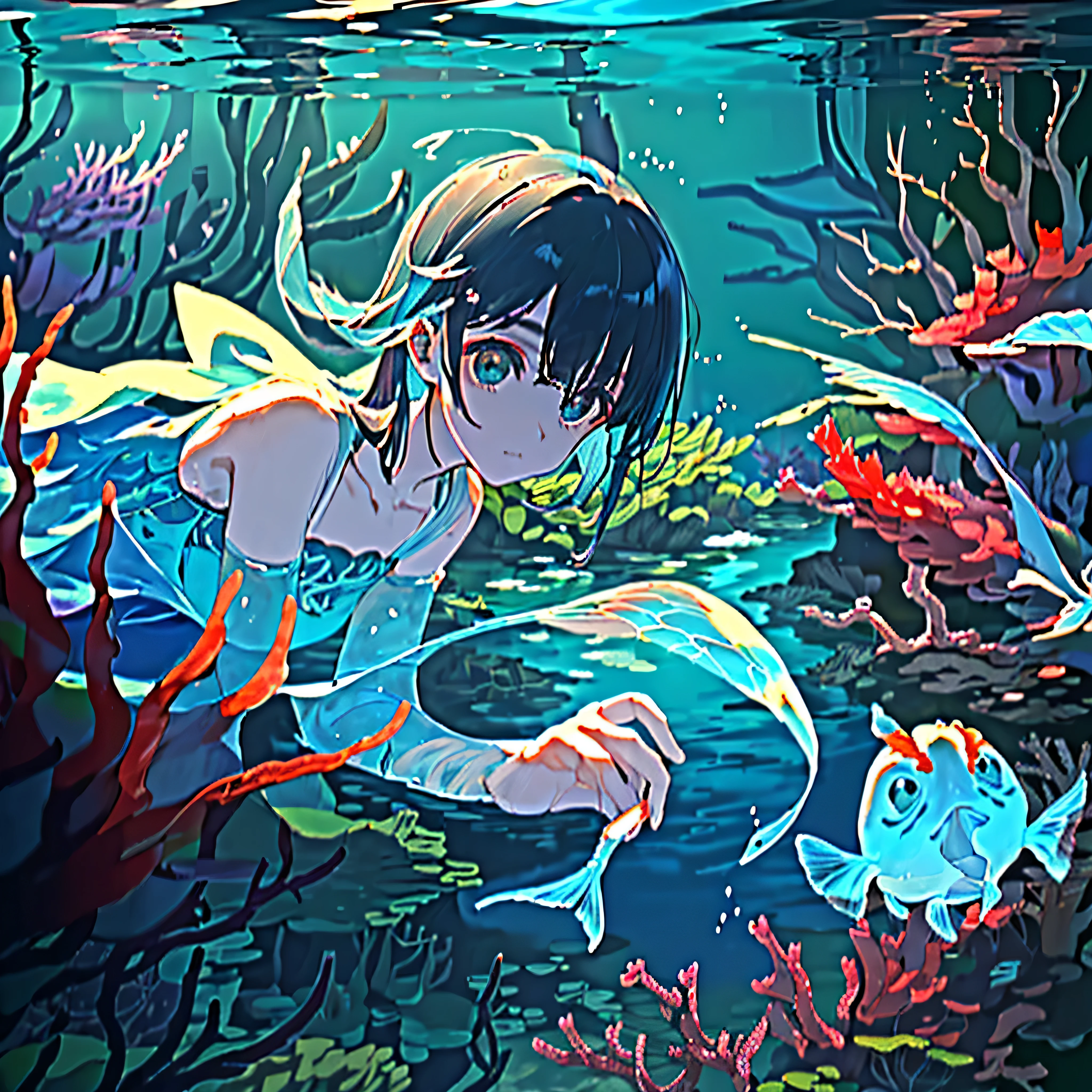 (((masterpiece))),(((best quality))),((ultra-detailed)),((underwater)),(illustration),(beautiful detailed water),((coral)),open tuck,((extremely delicate and beautiful girls)),dynamic angle,floating,(beautiful detailed eyes),(detailed light),(loli),floating hair,glowing eyes,(splash),underwater),((fishelack hair,green right eye,iceblue left eye,very long white dress,feather,nature,(sunlight),(underwater forest),(painting),(bloom),(detailed glow),(drenched),seaweed,fish,(((Tyndall effect))),face to face --s 1000 --c 20 --q 20