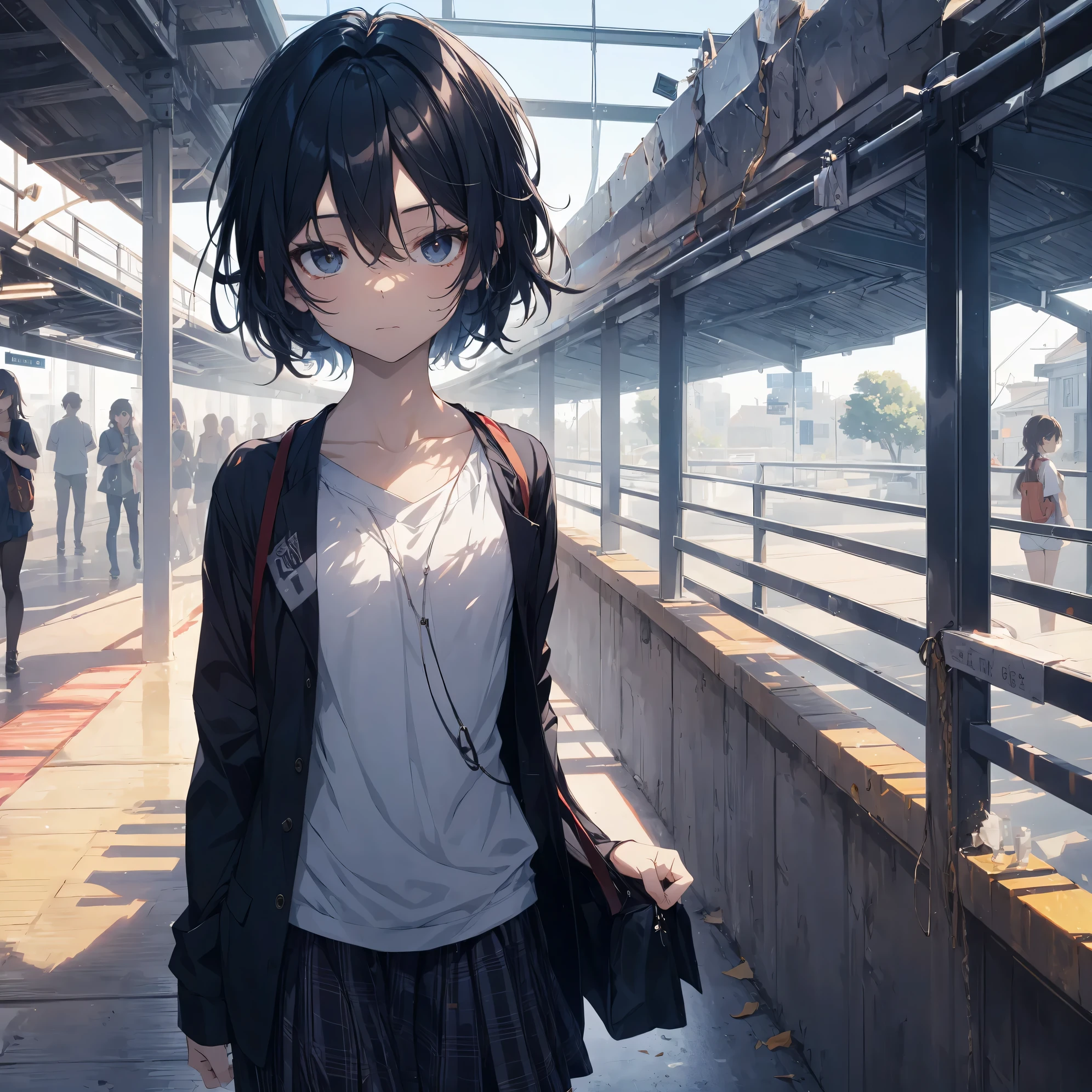 Super high quality by the art god, Ultra-detailed, High resolution, Gwise Style, anime moe art style, best anime 8K konachan wallpaper, Pixiv Contest Winner, Perfect Anatomy, BREAK,(Please draw a sleepy girl going to school alone.. ),BREAK, a hyperrealistic schoolgirl, (Solo,Lori,,13yea:1.3),Full limbs, complete fingers,a junior gynous attraction, (Very short hair), hair messy, flat chest, Small butt, groin, Small eyes,Beautiful detailed black eyes, Well-proportioned iris and pupils, disgusted eye, High resolution detailed hair, School uniform, Skirt,  On the way to school. BREAK,Ultra-detailed細なスキン, Best lighting by famous artists, 8K, Illustration.