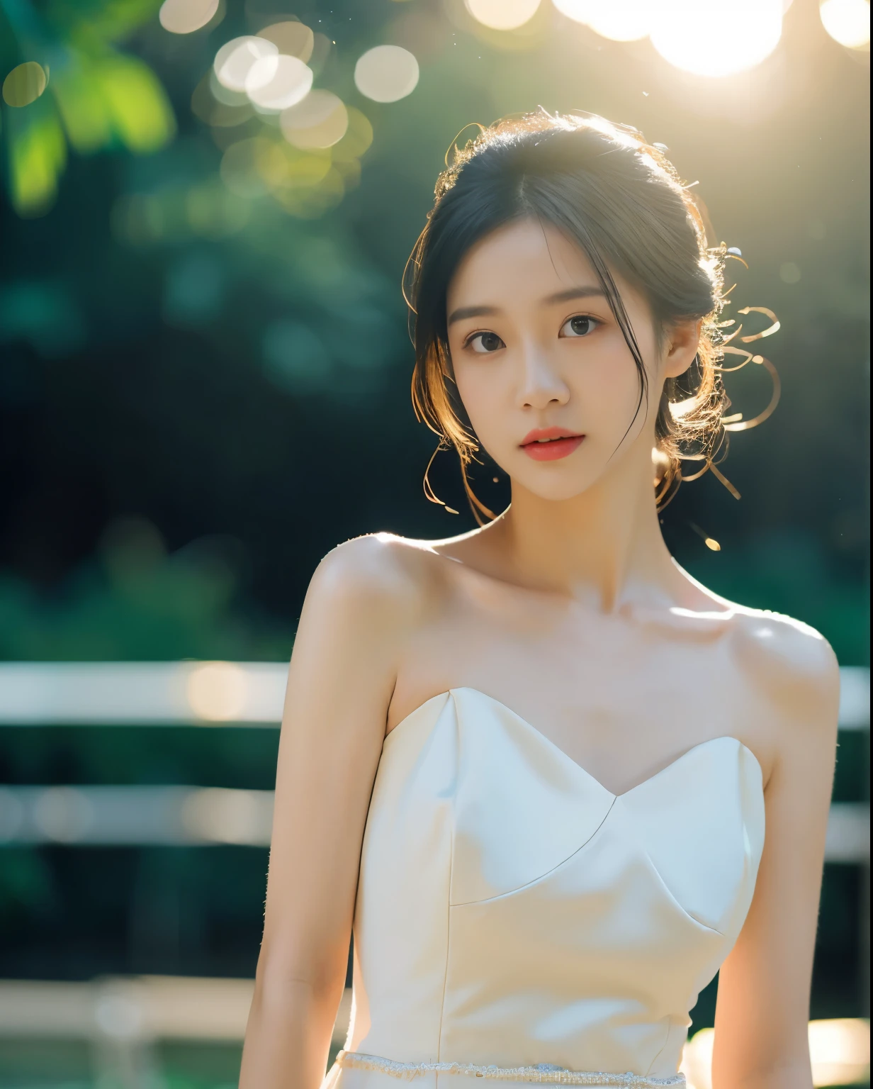 (sweat:0.7),Light yellow wedding dress,white short skirt,woman,vietnamese ,exquisite face, beautiful face,bare shoulders,shoulders slightly exposed,translucent skin,black eyes,black hair,(photorealistic:1.4),realistic details, high resolution,bokeh,outstanding details