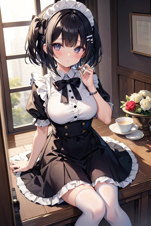 1girl, black eyes, maid costume, long hair, black hair, bowl cut hair, white tights, decoration in the hair, small white bows in the hair, no eye, one eye, eye patch, big breasts