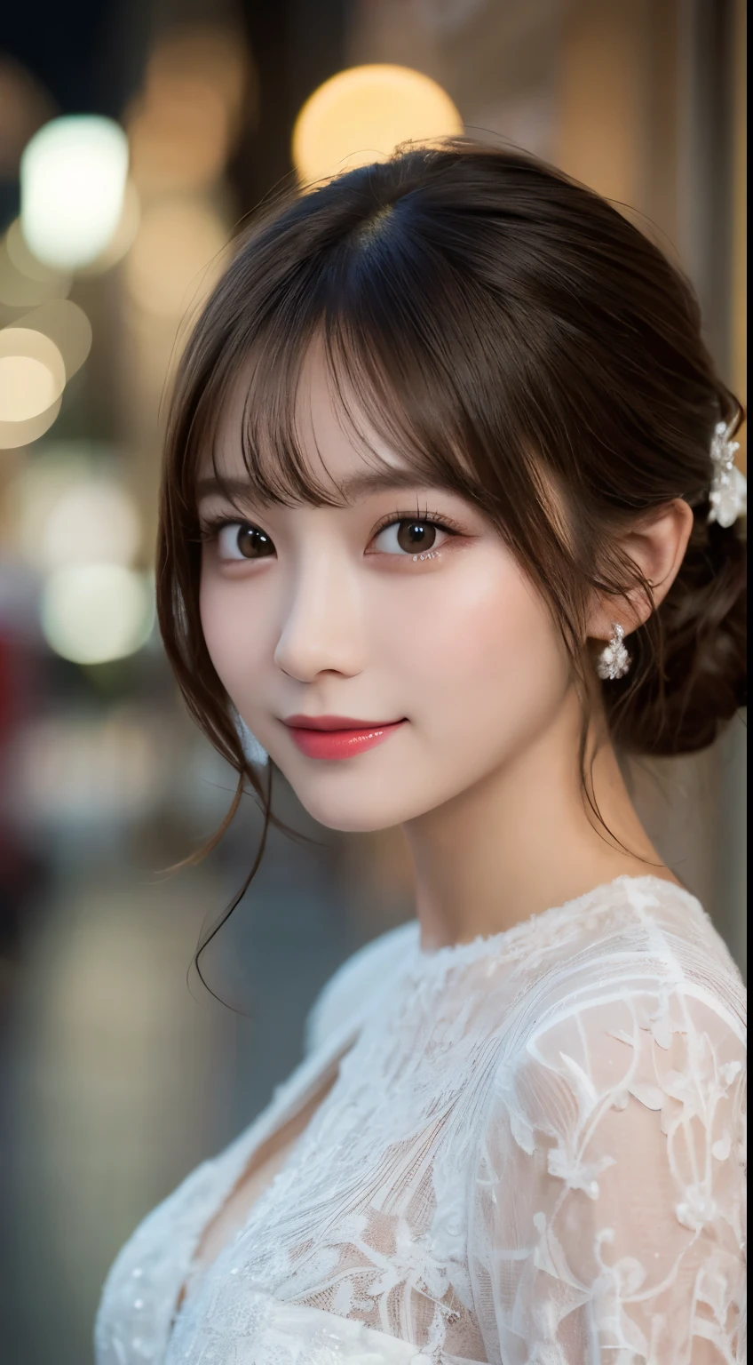 masutepiece, Best Quality, Illustration, Ultra-detailed, finely detail, hight resolution, 8K Wallpaper, dynamic compositions, Beautiful detailed eyes, Very gorgeous and elegant luxury dress winter clothes,Medium Hair,Small breasts natural color lip, Bold sexy poses,Smile、20 years girl、Cute、Sexy shot looking at camera,Midnight,beautifull detailed face,Classy face,Perfect and beautiful face,Slim face and body,Blur the background,Gorgeous and glamorous Christmas party venue