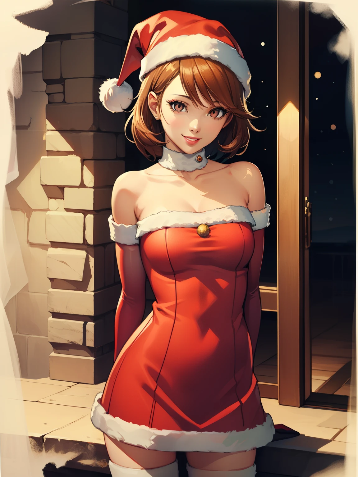 1girl, solo, masterpiece, best quality, high res, highly detailed, (illustration), beautiful detailed eyes, brown hair, short hair ,glossy lips, makeup, smile, long white satin elbow gloves, cowboy shot, (santa), red santa dress, santa hat, strapless dress