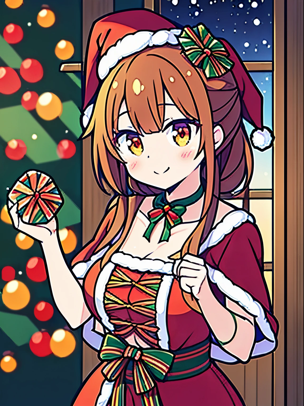 (((In sticker style for Christmas events))), (((SFW))), 8K, ((masutepiece)),(((top-quality))),((Ultra-detailed)),((((Realistic)))), Photorealsitic:1.37, (A hyper-realistic), (illustratio), (hight resolution), (ighly detailed), (The best illustrations), (Ultra-detailed細), (wall-), (详细的脸), (Beautiful expression), ((詳細 top-qualityのスキン:1.2)), ((Reddish blush)), (Ultra-detailed細な背景, Detailed background), (Beautiful and aesthetic: 1.2), Extremely detailed, (((A scene where the girl herself becomes a Christmas present:1.5))), ((Affectionate smile)), There is a woman standing with a furoshiki wrapped around her bare skin., (((Christmas colored furoshiki))), ((Wrapping tape wrapped around a girl&#39;s body)), ((Christmas-colored wrapping ribbons are attached around the girl&#39;s head, neck, and waist.))