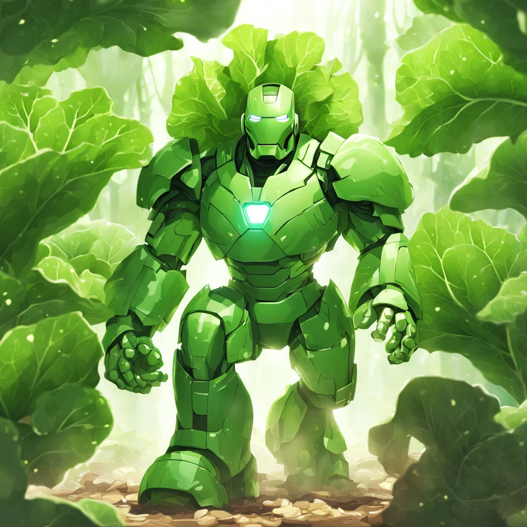 Light green Iron Man suit that seems made of cabbage leaves Overgrown iron plant, CuteCartoonAF,