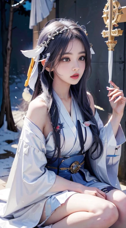 (best qualtiy,tmasterpiece), (White body),Beautiful teenage girl, Beautiful Priestess Woman, (((Sexy Priestess))), spade, White Crane,(((shrine maiden clothe))),Slender Leg,(silber hair), Press the bar,Braided headband, Beautiful Hair Accessories, Detailed scene, the night, starrysky, cold light, Take the key, (white colors), ((Side Body)), ((The upper part of the body)), ((Realistic))