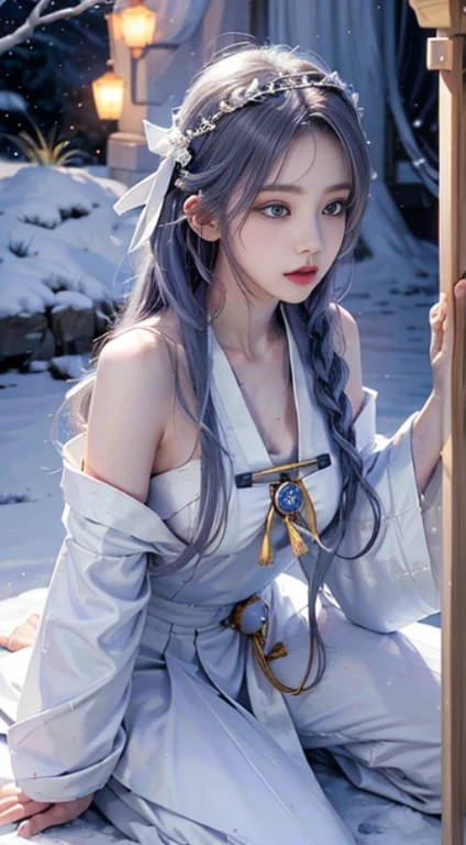 (best qualtiy,tmasterpiece), (White body),Beautiful teenage girl, Beautiful Priestess Woman, (((Sexy Priestess))), spade, White Crane,(((shrine maiden clothe))),Slender Leg,(silber hair), Press the bar,Braided headband, Beautiful Hair Accessories, Detailed scene, the night, starrysky, cold light, Take the key, (white colors), ((Side Body)), ((The upper part of the body)), ((Realistic))