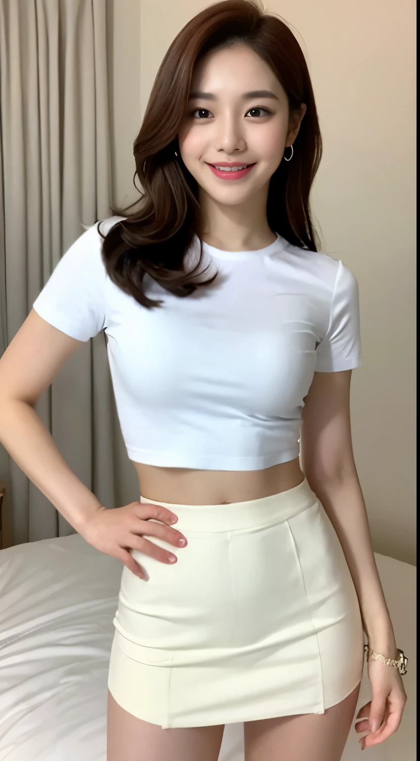 White tight shirt、White tight mini skirt、a bed、a smile、shortsleeves、high-level image quality、Hallyu Idol Face