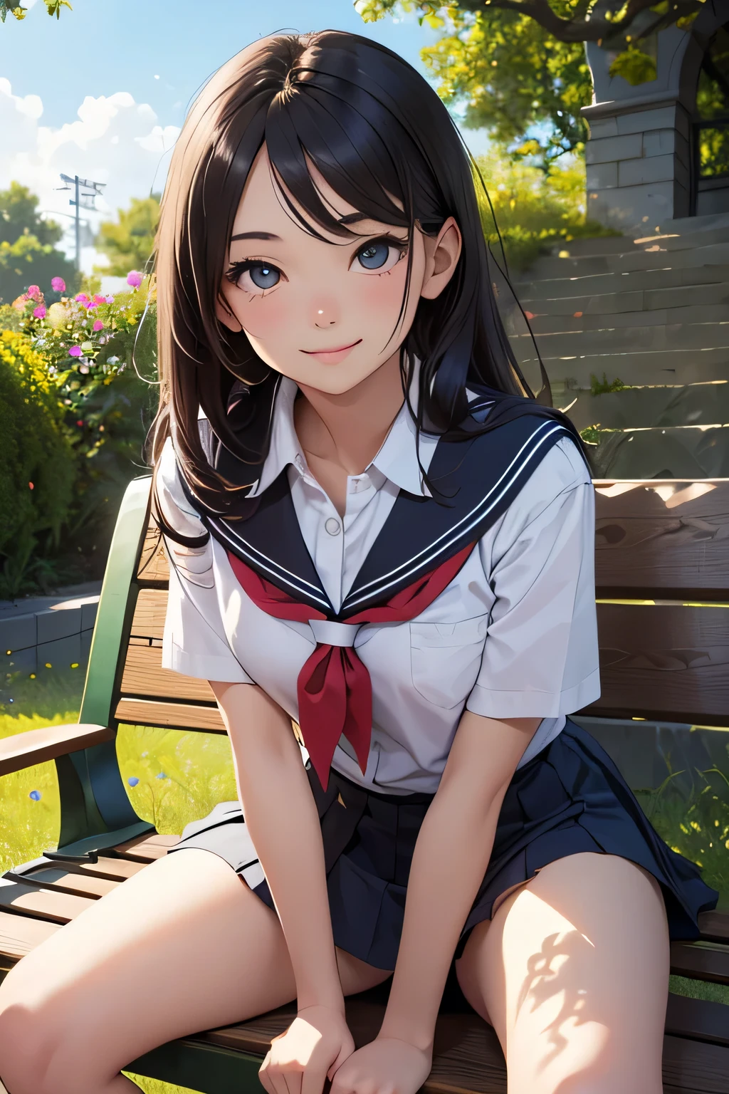 very cute and beautiful school girl,teen,(highly detailed beautiful face and eyes:1.2),
smile,looking at viewer,black hair,(sailor school uniform),(pleated navy blue mini skirt),
sitting on wooden bench in elegant gazebo,flower garden,water fountain,forest,dynamic angle,
(best quality,masterpiece:1.2),intricate details,extremely detailed,
8k resolution,ultra-detailed,solo,hair fluttering in the wind,beautiful detailed sky,