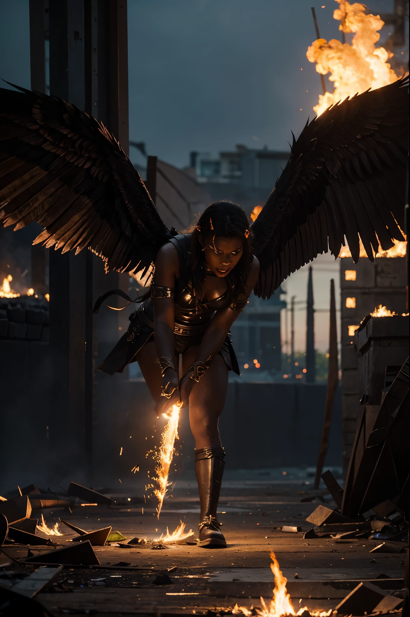 Iron-winged warriors fought against black demons, spewing endless fire.