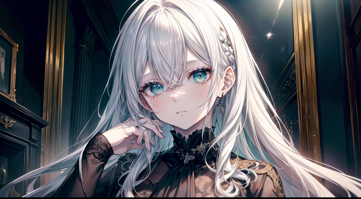 (masutepiece, Best Quality), Intricate details, 8K, Sharp focus quality) (Detailed skin:1.3) (Intricate details) (8K) (Detailed eyes) (Anime) Man's character, Soft hair, Long hair, (White hair), Light green eyes,、 Man's, Anime Man's, frontage, 素敵なMan's子, Perfect face, Detailed eyes, Bold background, Detailed accessories, Unique costumes, Sharp eyes, Man's, A young man, Idol, dark color, pale skin, Defined features, Model, Gothic, Symbolism, Comfortable clothing, Dark room, Cluttered room, Indoors, Detailed background, Bold colors, bold outline, Sharp face, Nighttime, Night, Pose, Handsome, sleepy, Tired, drooing eyes