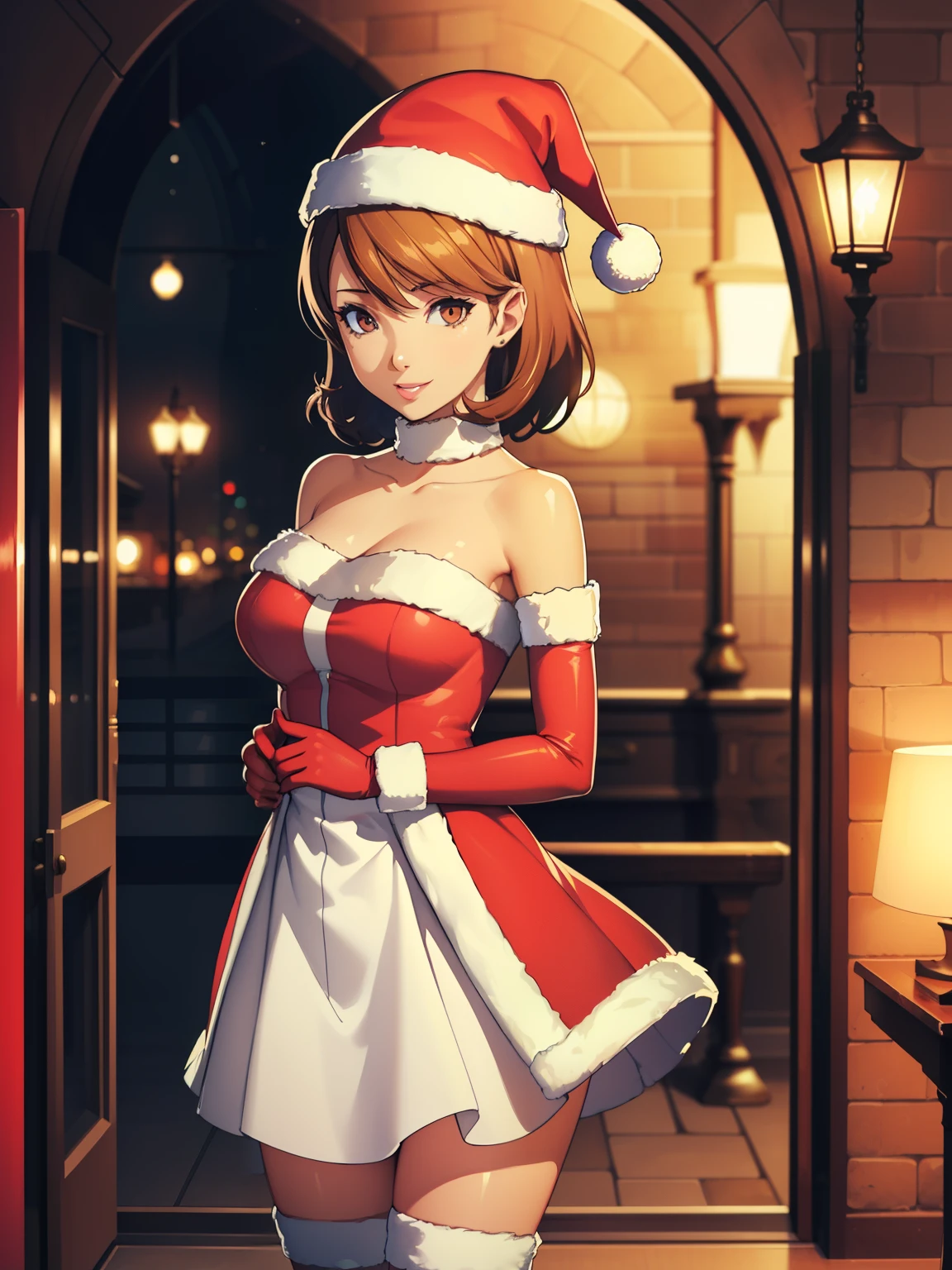 1girl, solo, masterpiece, best quality, high res, highly detailed, (illustration), beautiful detailed eyes, brown hair, short hair ,glossy lips, makeup, smile, long white satin elbow gloves, cowboy shot, (santa), red santa dress, santa hat, strapless dress, full body