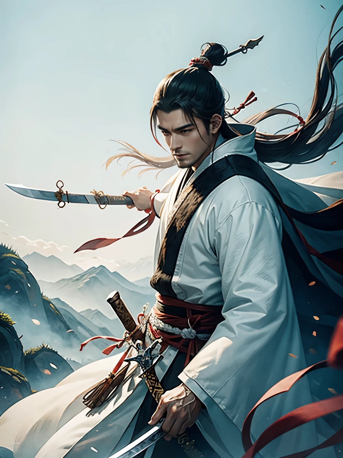 ln the forest,white clothes,中年man,scholar,Carry a long sword,Ferocious,sly,man,mtu,Chinese Ancient Times,Classical ink painting