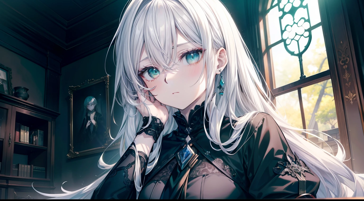 (masutepiece, Best Quality), Intricate details, 8K, Sharp focus quality) (Detailed skin:1.3) (Intricate details) (8K) (Detailed eyes) (Anime) Man's character, Soft hair, Long hair, (White hair), Light green eyes,、 Man's, Anime Man's, frontage, 素敵なMan's子, Perfect face, Detailed eyes, Bold background, Detailed accessories, Unique costumes, Sharp eyes, Man's, A young man, Idol, dark color, pale skin, Defined features, Model, Gothic, Symbolism, Comfortable clothing, Dark room, Cluttered room, Indoors, Detailed background, Bold colors, bold outline, Sharp face, Nighttime, Night, Pose, Handsome, sleepy, Tired, drooing eyes