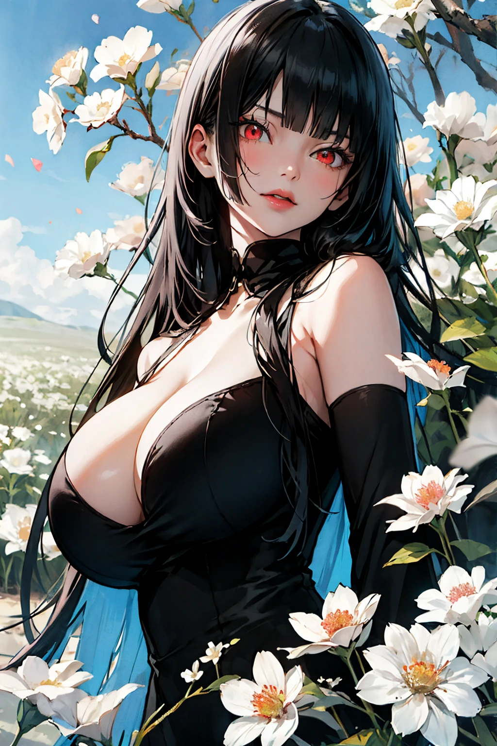 (absurd res, A high resolution, ultra - detailed, hyper HD, Cinematic), Alone, 1个Giant Breast Girl, mature, Happy,hime cut,black long hair,red eyes, (huge breasts:1.5),cleavage, collarbone, bare shoulders,armbands,girl standing in light blues flower field, light blues flower petal surrounding girl, full bodyesbian, Blue long-haired girl, light blues hair, fanciful, dream-like, Snowy Land, offcial art, trending art, contours, ultra - detailed face, ultra - detailed eyes, light blues flower field, ultra - detailed field, The white blue sky, Cold, light blues, The white,  Nebula in the sky, blue tree, aquarelle, pastel colour