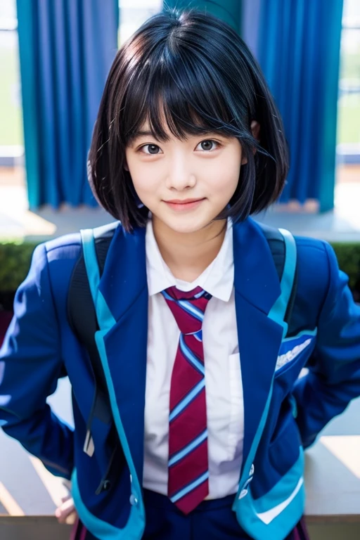 top-quality、masterpiece、real 18 year old woman、(a smile)、The background is the classroom、The scenery is a classroom、Light blue blazer、Semi-long with black hair、hight resolution、