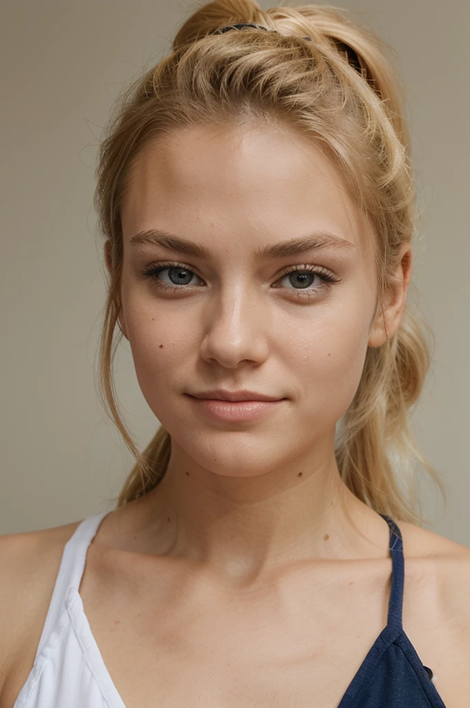 blonde perfect face selfie with hair ponytail and head strieght to the camera not smiling