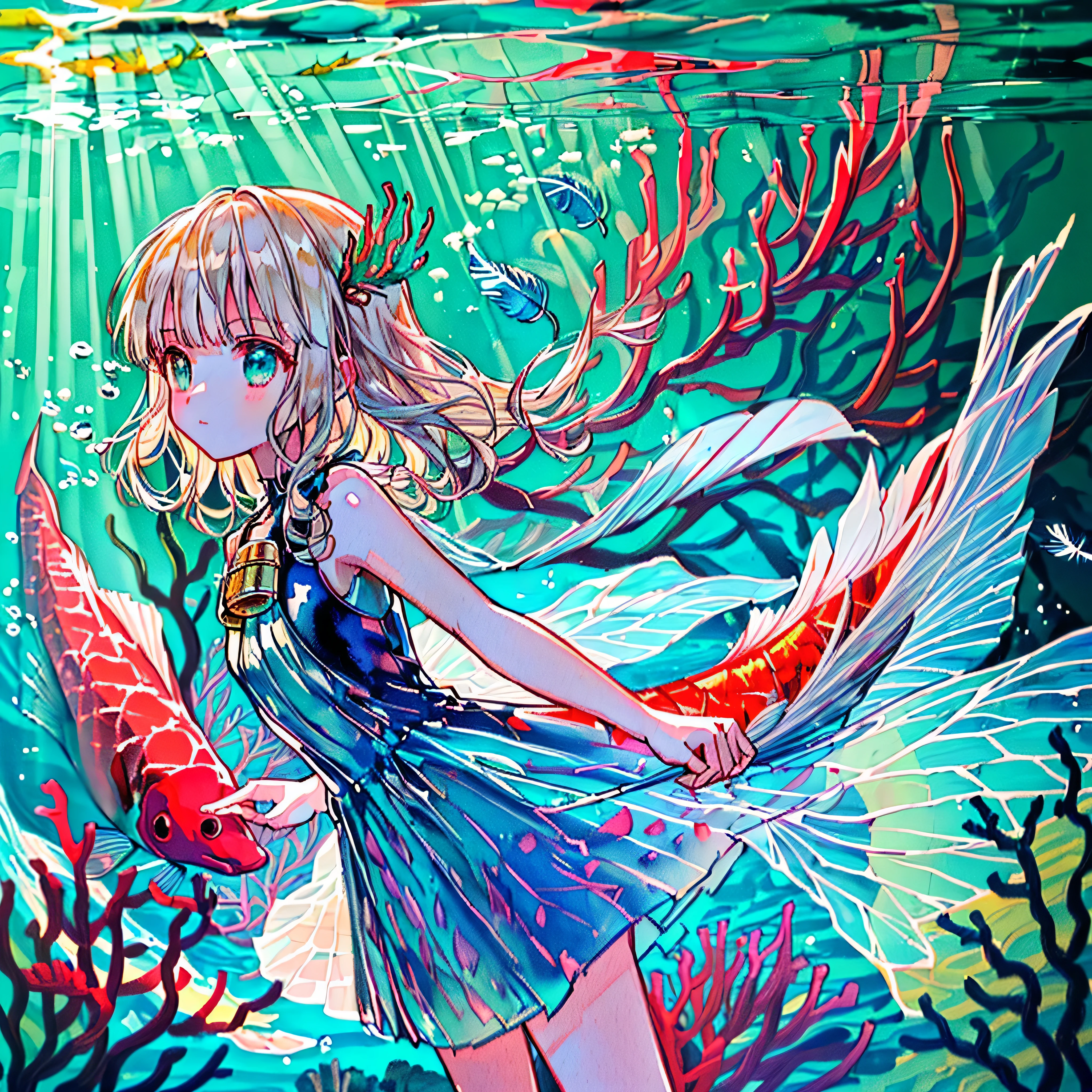 (((masterpiece))),(((best quality))),((ultra-detailed)),((underwater)),(illustration),(beautiful detailed water),((coral)),open tuck,((extremely delicate and beautiful girls)),dynamic angle,floating,(beautiful detailed eyes),(detailed light),(),floating hair,glowing eyes,(splash),underwater),((fishelack hair,green right eye,iceblue left eye,very long white dress,feather,nature,(sunlight),(underwater forest),(painting),(bloom),(detailed glow),(drenched),seaweed,fish,(((Tyndall effect))),face to face --s 1000 --c 20 --q 20