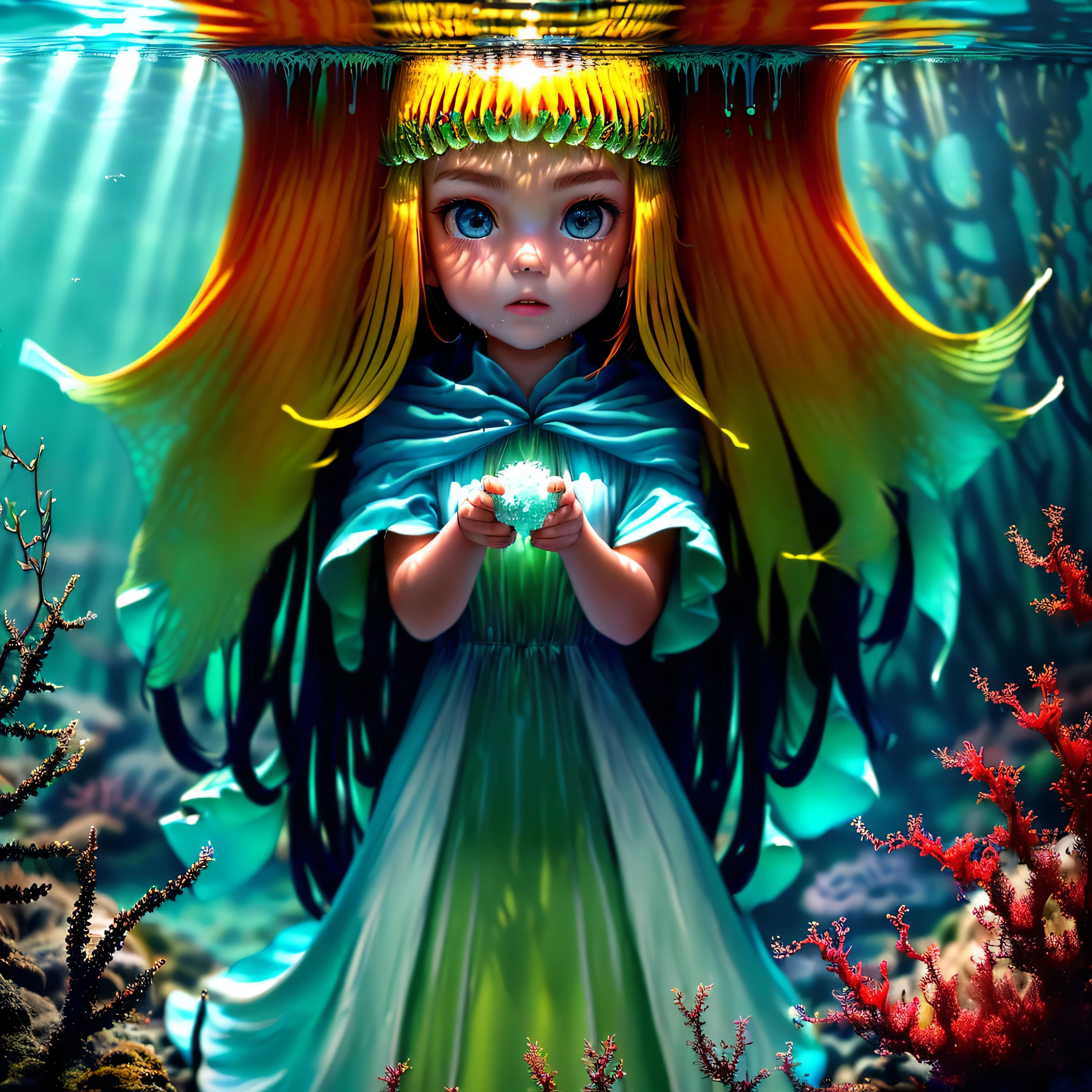 (((masterpiece))),(((best quality))),((ultra-detailed)),((underwater)),(illustration),(beautiful detailed water),((coral)),open tuck,((extremely delicate and beautiful girls)),dynamic angle,floating,(beautiful detailed eyes),(detailed light),(),floating hair,glowing eyes,(splash),underwater),((fishelack hair,green right eye,iceblue left eye,very long white dress,feather,nature,(sunlight),(underwater forest),(painting),(bloom),(detailed glow),(drenched),seaweed,fish,(((Tyndall effect))),face to face --s 1000 --c 20 --q 20