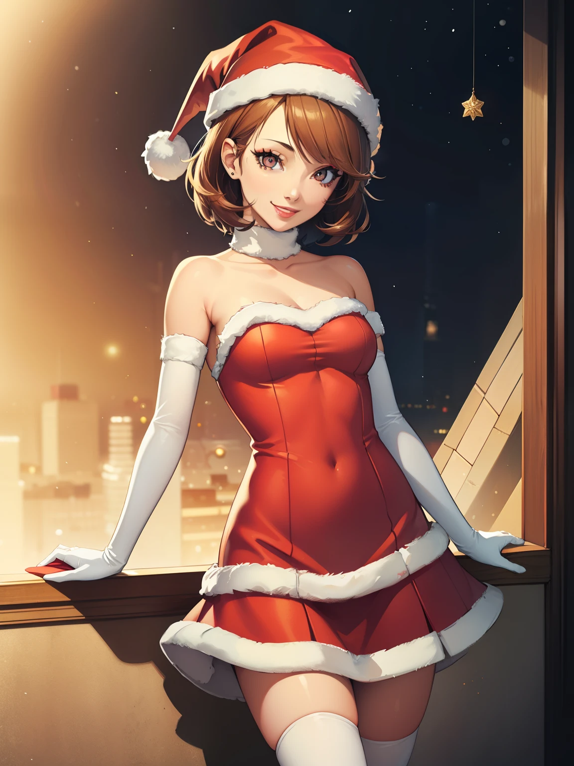 1girl, solo, masterpiece, best quality, high res, highly detailed, (illustration), beautiful detailed eyes, brown hair, short hair ,glossy lips, makeup, smile, long white satin elbow gloves, cowboy shot, (santa), red santa dress, santa hat, strapless dress, full body