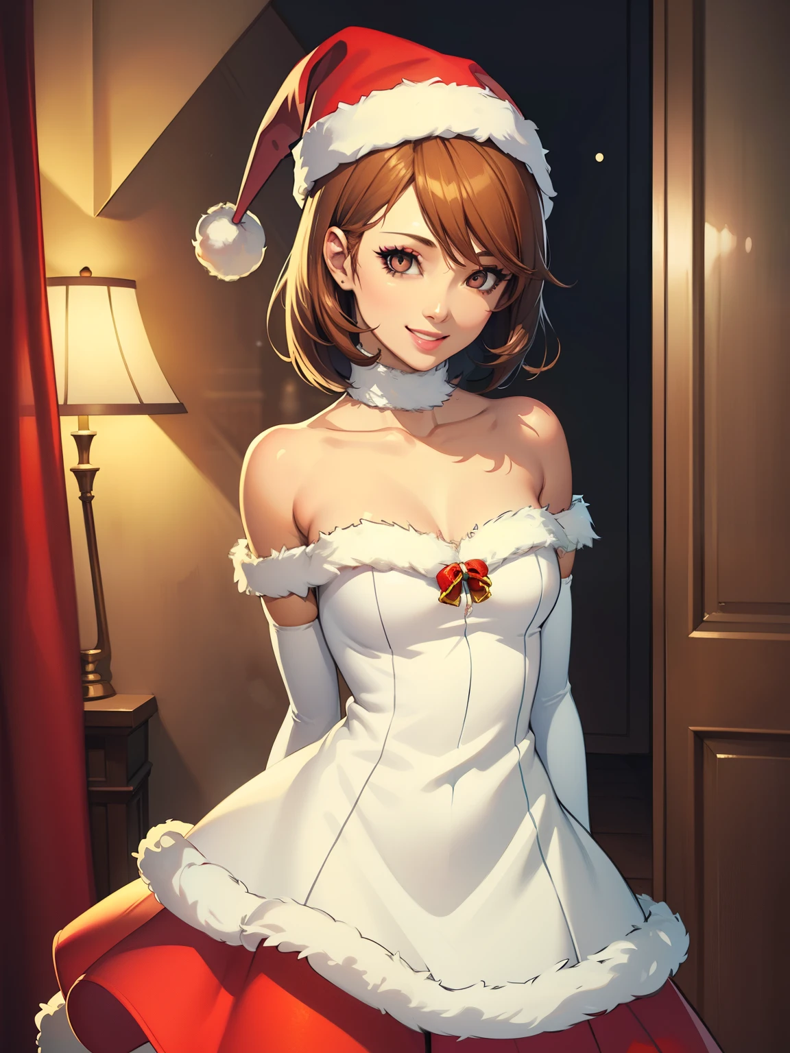 1girl, solo, masterpiece, best quality, high res, highly detailed, (illustration), beautiful detailed eyes, brown hair, short hair ,glossy lips, makeup, smile, long white satin elbow gloves, cowboy shot, (santa), red santa dress, santa hat, strapless dress, full body