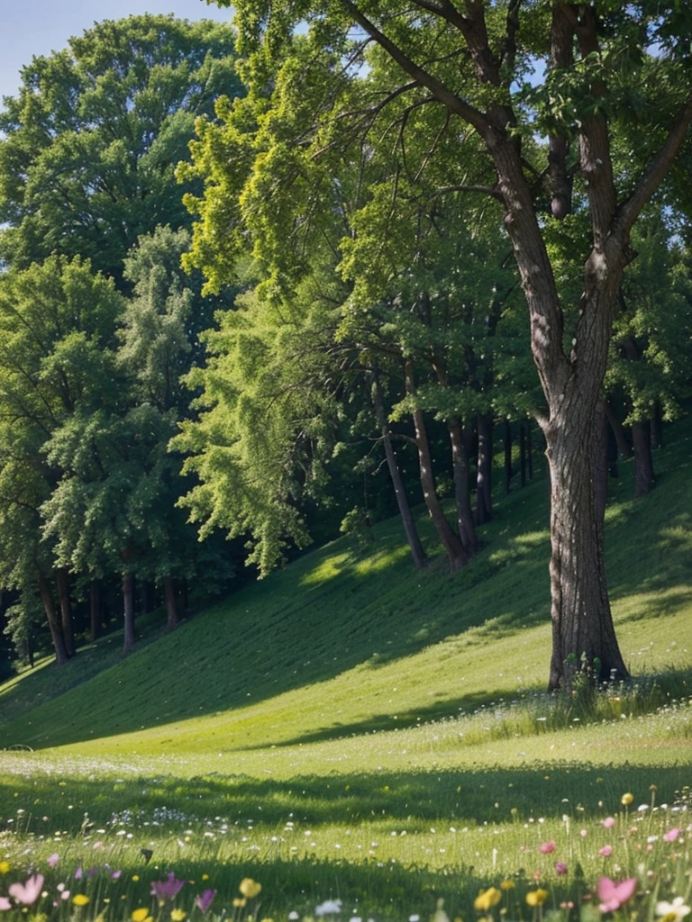 gorgeous meadow in the spring, butterflies and birds in the air, flowers in bloom, green grass, green leaves on trees, beautiful scene with vibrant colors.