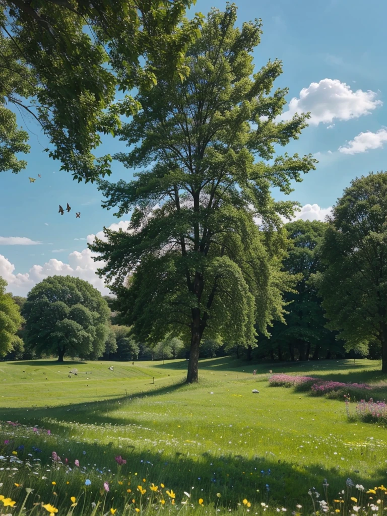 gorgeous meadow in the spring, butterflies and birds in the air, flowers in bloom, green grass, green leaves on trees, beautiful scene with vibrant colors.