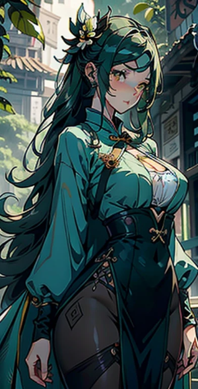 1female，25 yers old，A MILF，medium breast，独奏，（Background with：hospitals，the rainforest，lotus flower，Sateen） She has long green hair，bobo head，，seen from the front， standing in forest， mostly cloudy sky，（（（tmasterpiece），（Very detailed CG unity 8K wallpaper），best qualtiy，cinmatic lighting，detailed back ground，beatiful detailed eyeright pupils，yellow eyes，Snow-whiteskin,（Very fine and beautiful），（Beautiful and detailed eye description），ultra - detailed，tmasterpiece，））facing at camera，A high resolution，ultra - detailed），extremely large bosom，A sagging breast，revealing breastare genitalia，  Bulge，legs are open，Raised sexy，，Flushed complexion，Desire for dissatisfaction，frontage，（Wearing： Green cheongsam， pantyhose, long gloves）