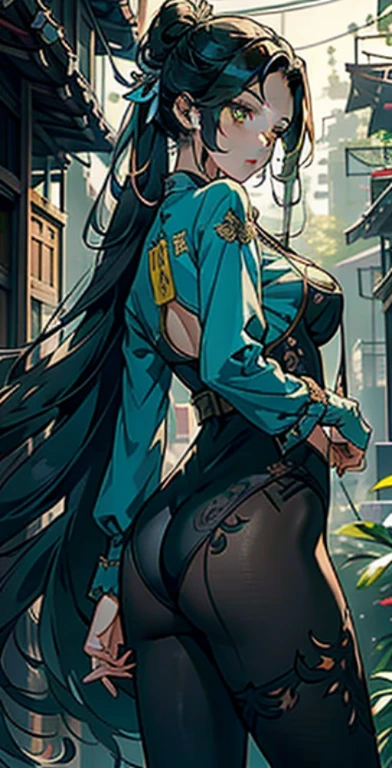 1female，25 yers old，A MILF，medium breast，独奏，（Background with：hospitals，the rainforest，lotus flower，Sateen） She has long green hair，bobo head，，seen from the front， standing in forest， mostly cloudy sky，（（（tmasterpiece），（Very detailed CG unity 8K wallpaper），best qualtiy，cinmatic lighting，detailed back ground，beatiful detailed eyeright pupils，yellow eyes，Snow-whiteskin,（Very fine and beautiful），（Beautiful and detailed eye description），ultra - detailed，tmasterpiece，））facing at camera，A high resolution，ultra - detailed），extremely large bosom，A sagging breast，revealing breastare genitalia，  Bulge，legs are open，Raised sexy，，Flushed complexion，Desire for dissatisfaction，frontage，（Wearing： Green cheongsam， pantyhose, long gloves）