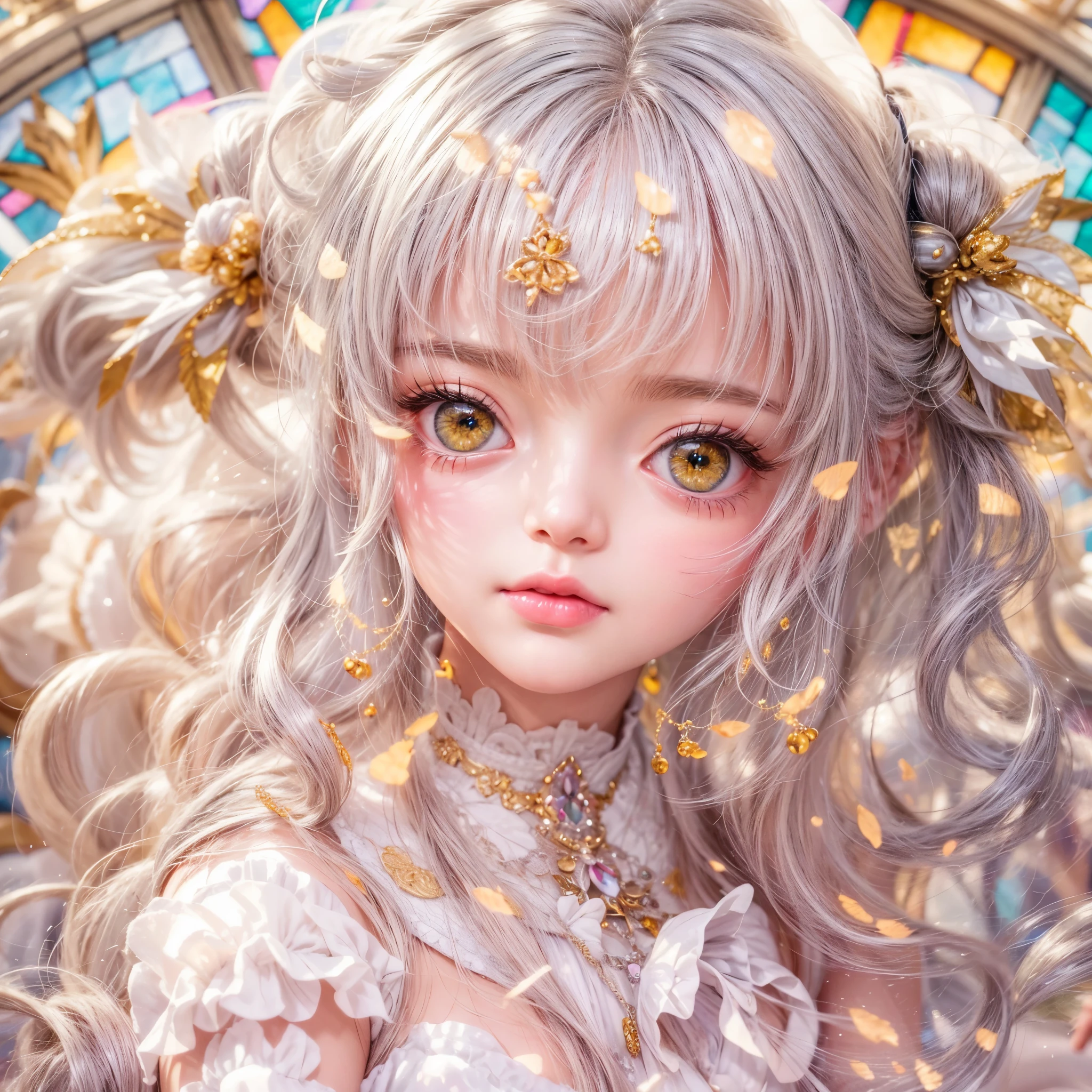 SFW, concept art, Tiny junior idol, Delicate lace knitted white clothes, (nipple:-0.9), (face closeup, (Dazzling stained glass Background)), (((Renbutsu Misako), colorful Light shines through delicate stained glass:1.2, vivid red colors, lense Particle, lens flare, light Particle, Dazzling Halo, Acutance:0.8)). (masterpiece:1.2),(ultra-detailed:1.37),(realistic,photorealistic,photo-realistic:1.37), (Extremely detailed KAWAII face variations, innocent expression variations), rosy cheeks,  detailed eyes with sparkling highlights, long eyelashes with volume, subtle blush on the face. Mystic sight, haze, impeccable skin texture, captivating gaze, ((Dynamic-angle, physically-based rendering)), whole Body proportions and all limbs are anatomically accurate .