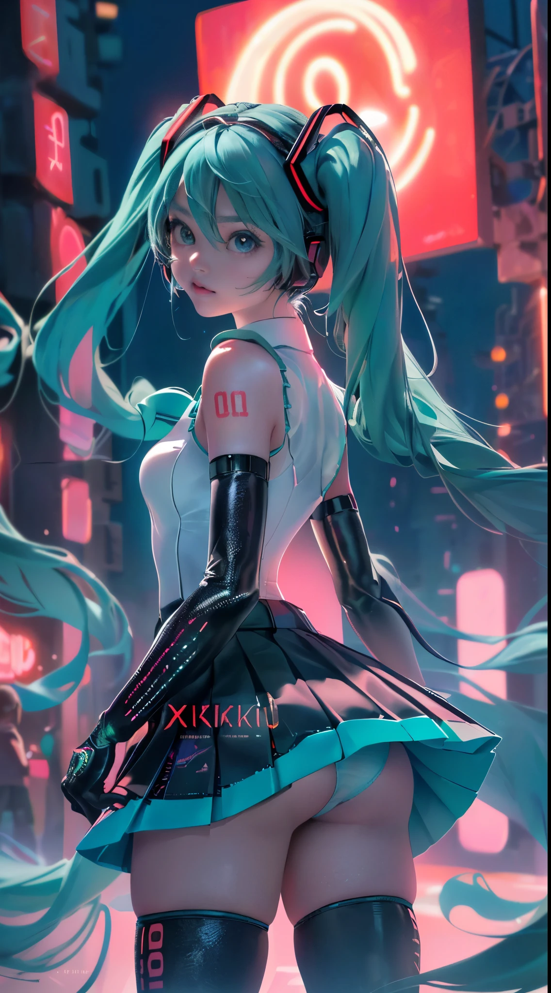 highest qualityr))、((obra maestra)、mirai, cyberpunked、large buttockss、arrodillarse、Electronic visor attached to the face of a with emphasis on the buttocks、(miniskirt mostrando panties White:1.4) ,mirai Red latex body,Moda cyberpunk、Pose sexy、(Usar polainas amarillas en la parte inferior del cuerpo、Agrandamiento de los senos、(fondo Neon lights in the dark city at night:1.4),motor irreal:1.4,UHD,La mejor calidad:1.4, fotorrealista:1.4, textura de la piel:1.4, obra maestra:1.8,obra-prima, mejor calidad,(Beautiful and detailed eye description),( neon white ciborg),(Perfect anatomy),(convexo ,Dedos detallados),ciborg mirai bodysuit white,(mirai:1.4),