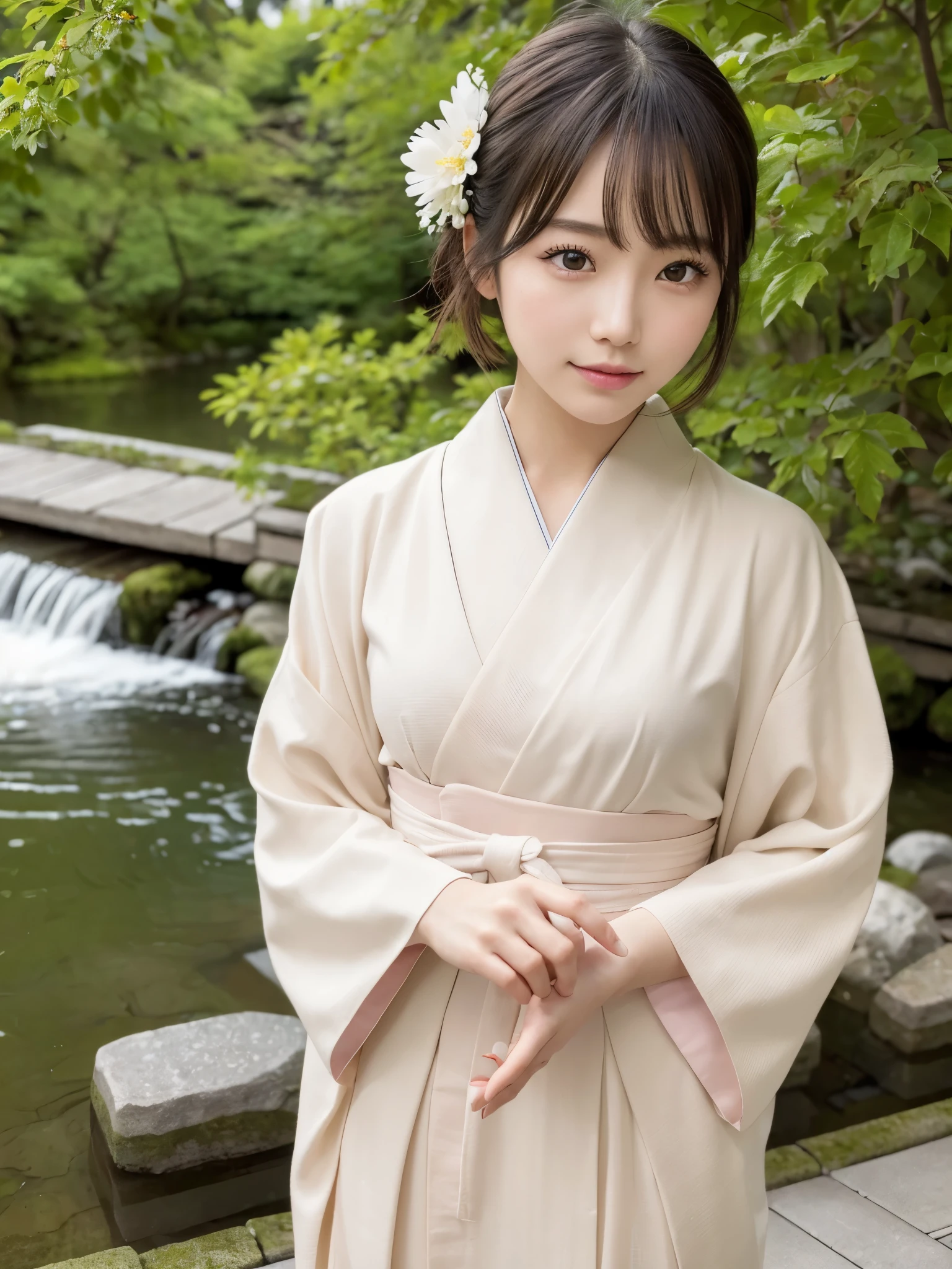 ((of the highest quality, 8K, masutepiece: 1.3, Raw photo)), Sharp Focus: 1.2, (1 AESPA Girl :1.1), Solo, (Realistic, Photorealistic: 1.37), (Face Focus: 1.1), Cute face, hyperdetailed face, (short messy hair: 1.2), Small Smile, Japanese theme, flower pattern hanfu, standing at the Japan Garden, cinematic lighting, Beautiful Japanese makeup, A beautiful woman that symbolizes Japan culture