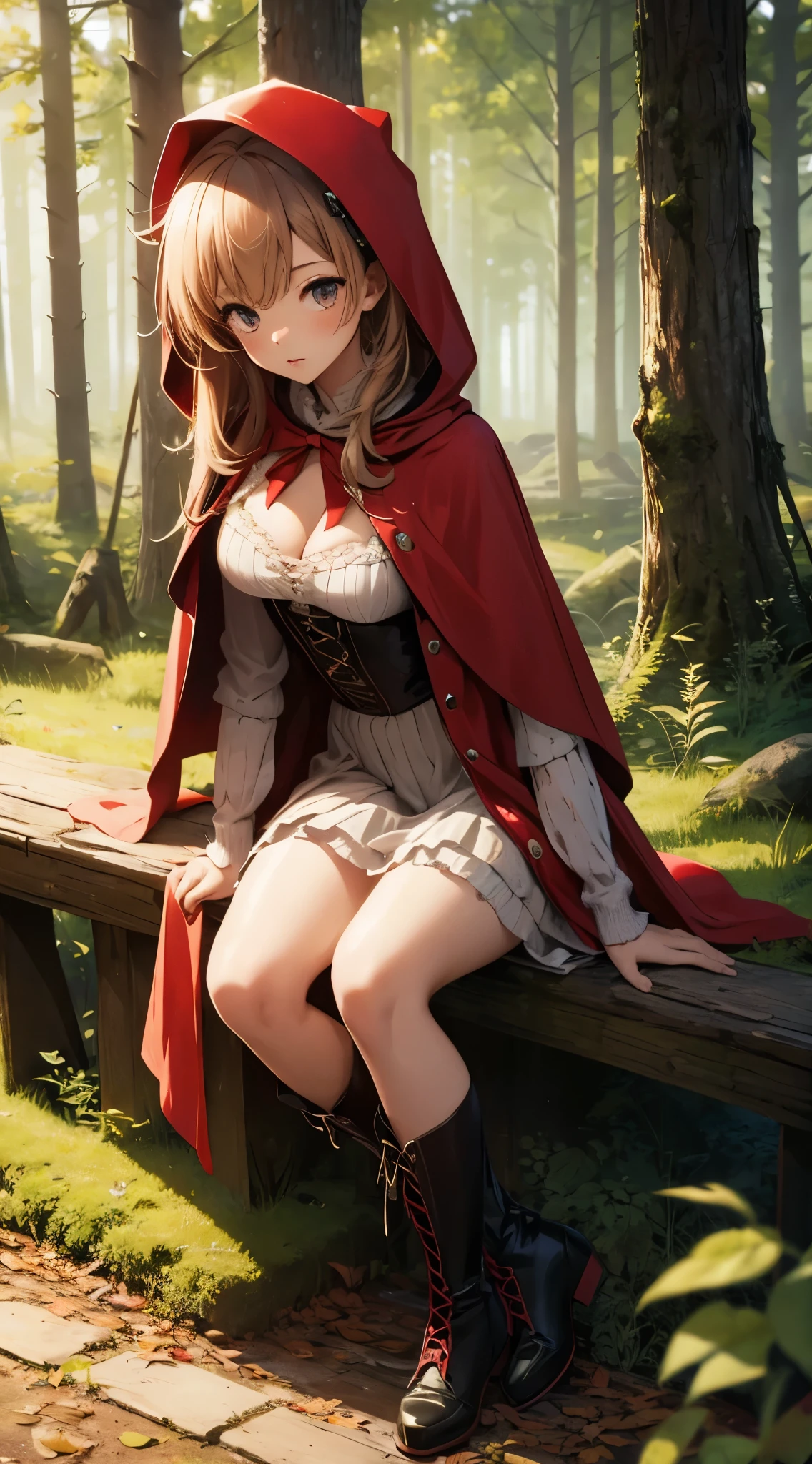 1girl, solo, masterpiece, best quality, high res, highly detailed, (illustration), beautiful detailed eyes, yuigahama yui, glossy lips, light makeup, little red riding hood, forest, boots, cleavage