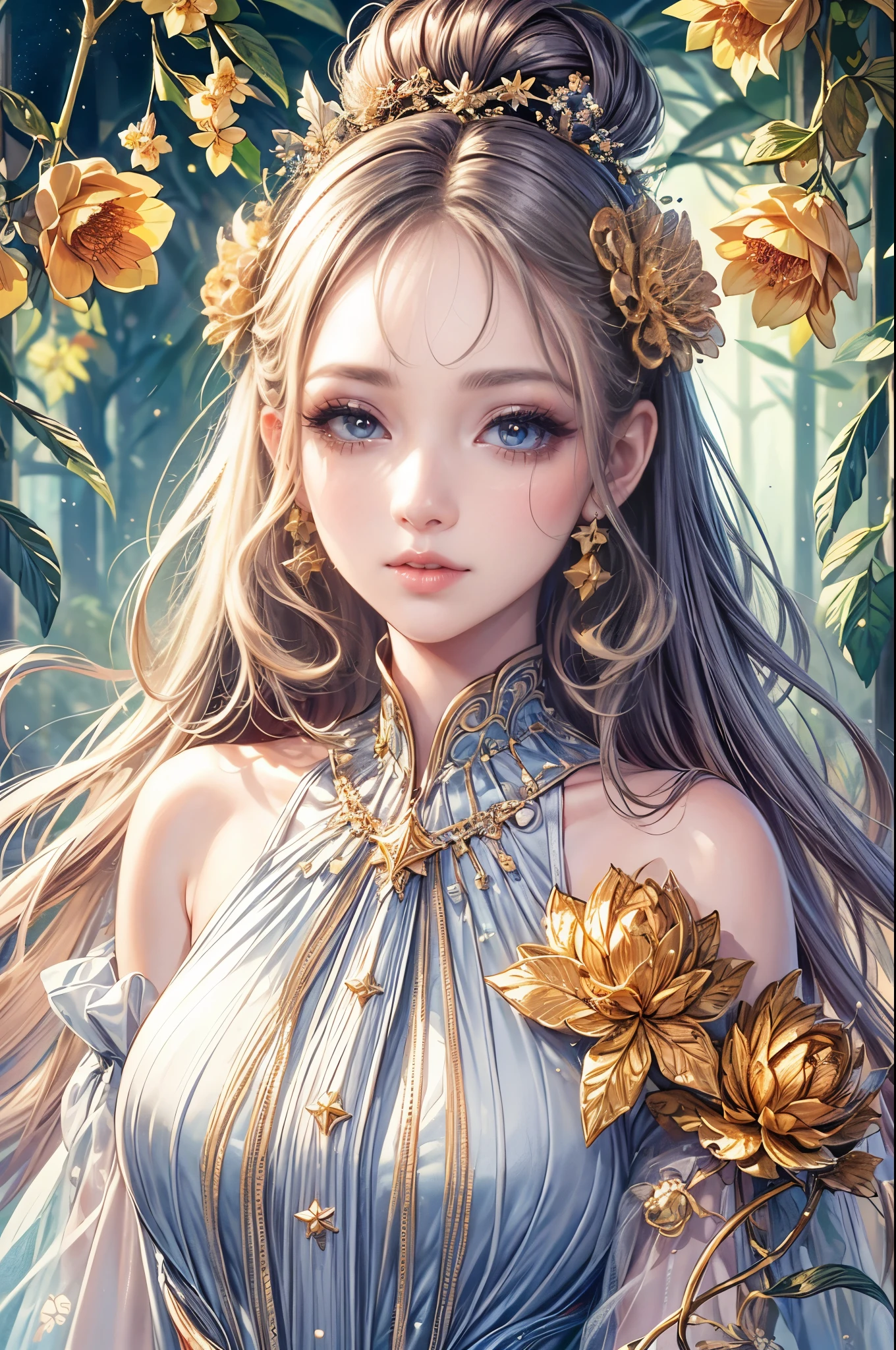 (best quality,8K,CG),detailed upper body,solitary girl,floral forest background,complex facial features,elegant long curly hair,almond-shaped big eyes,detailed eye makeup,long eyelashes,twinkling stars,exquisite lip details,soft and harmonious style.
