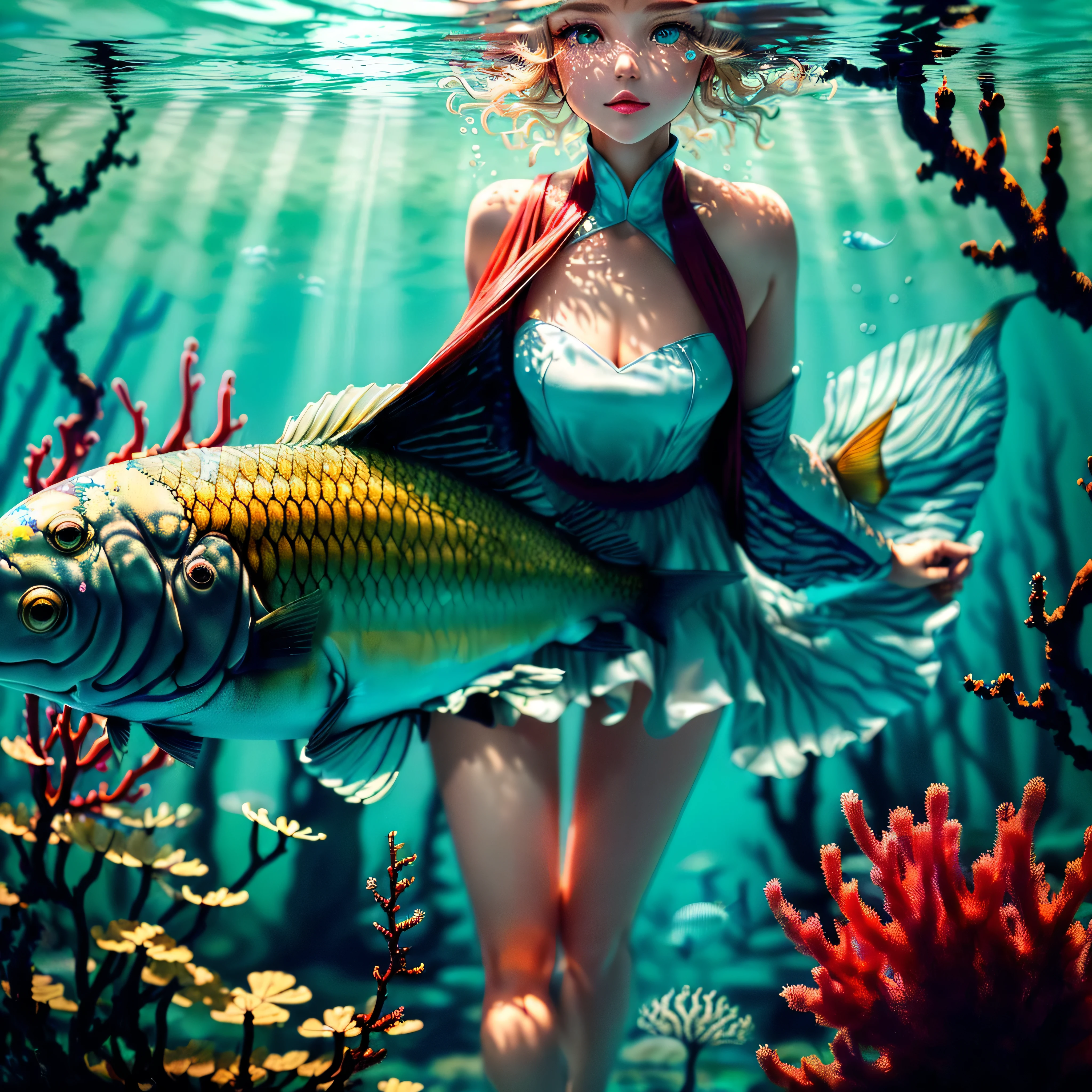Underwater tracks and crossings、Giant goldfish swimming around、A girl in a white bikini is standing at a railroad crossing waiting、Seaweed、Coral、Colorful scenery、8k、High quality、Glittering water surface、Sunset、Underwater Images、