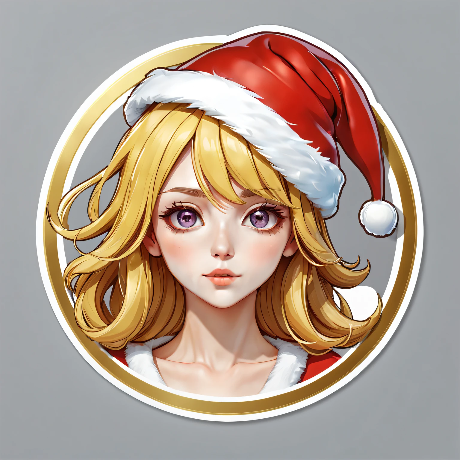 (One sticker,),(3D cartoon santa hat girl),bright colored hair,Slim, ellegance, There is also a touch of mystery.(In circles), (white backgrounid), (Gold border)，, ultra - detailed, Detailed illustration, vectorized, 8K, 专业One sticker设计, Graphic design, vector lines, One sticker, Full-HD