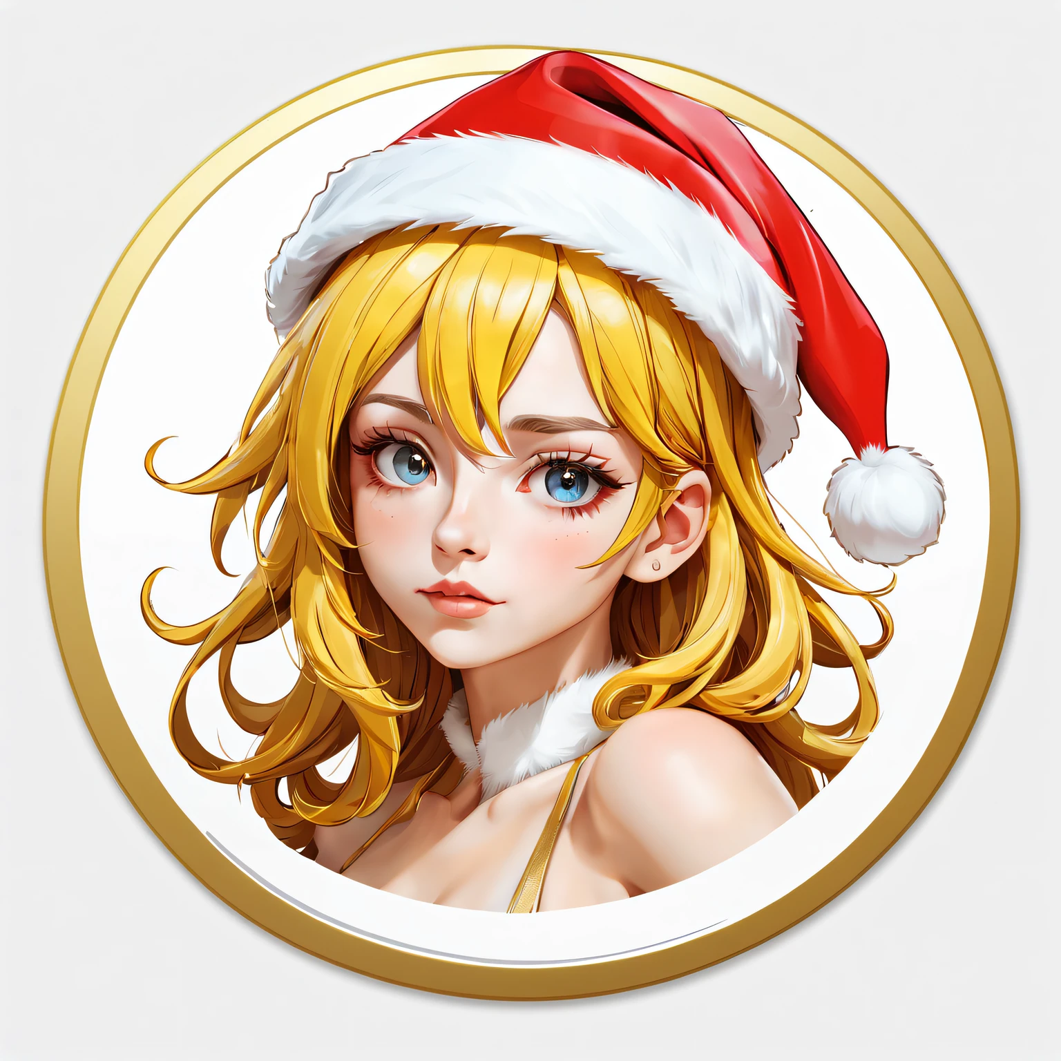 (One sticker,),(3D cartoon santa hat girl),bright colored hair,Slim, ellegance, There is also a touch of mystery.(In circles), (white backgrounid), (Gold border),, ultra - detailed, Detailed illustration, vectorized, 8K, 专业One sticker设计, Graphic design, vector lines, One sticker, Full-HD