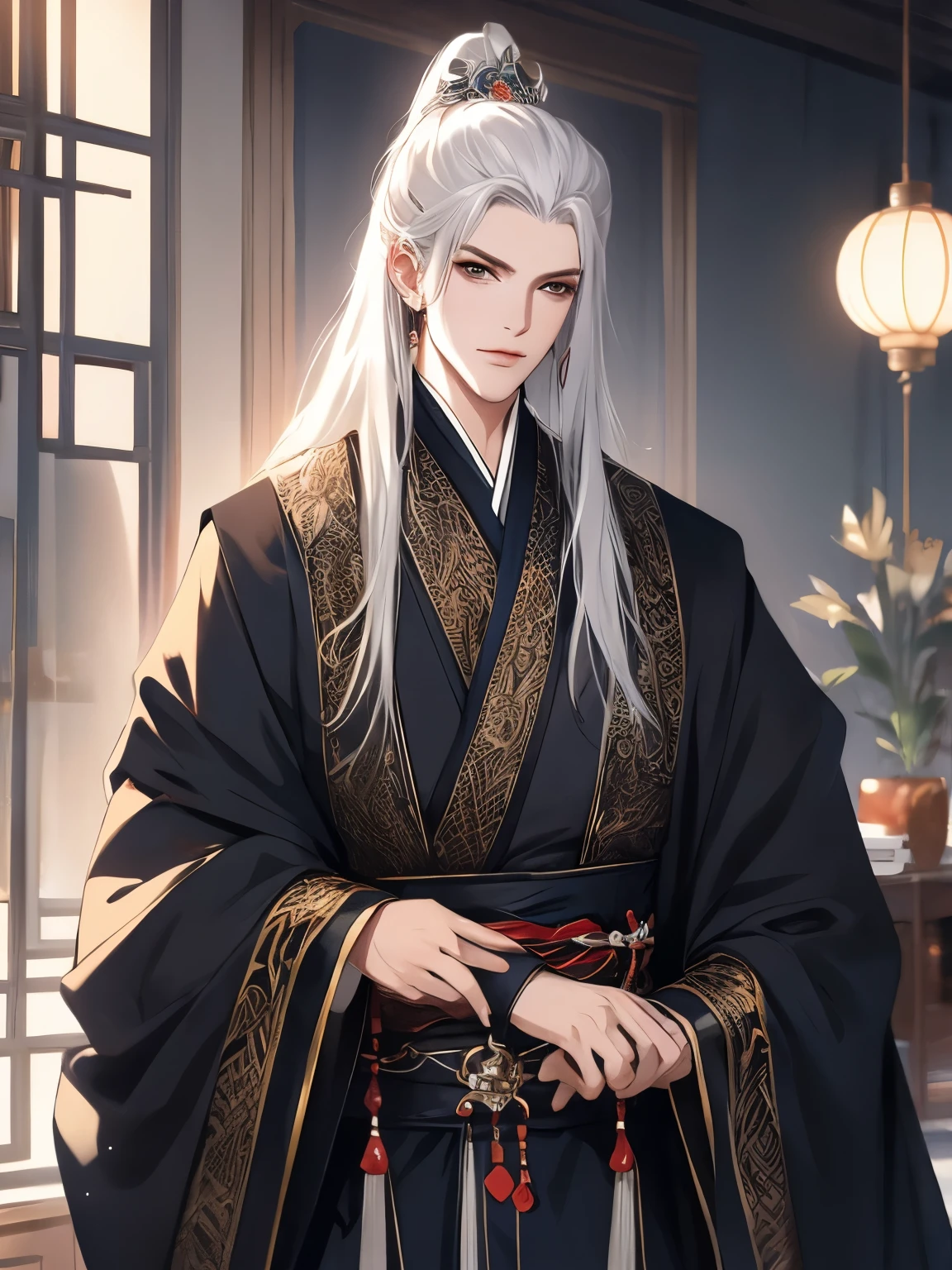 Best quality at best,tmasterpiece,16k,,a beautiful man,(Black Hanfu:1.5),asian architecture interior,Ancient Chinese court style,