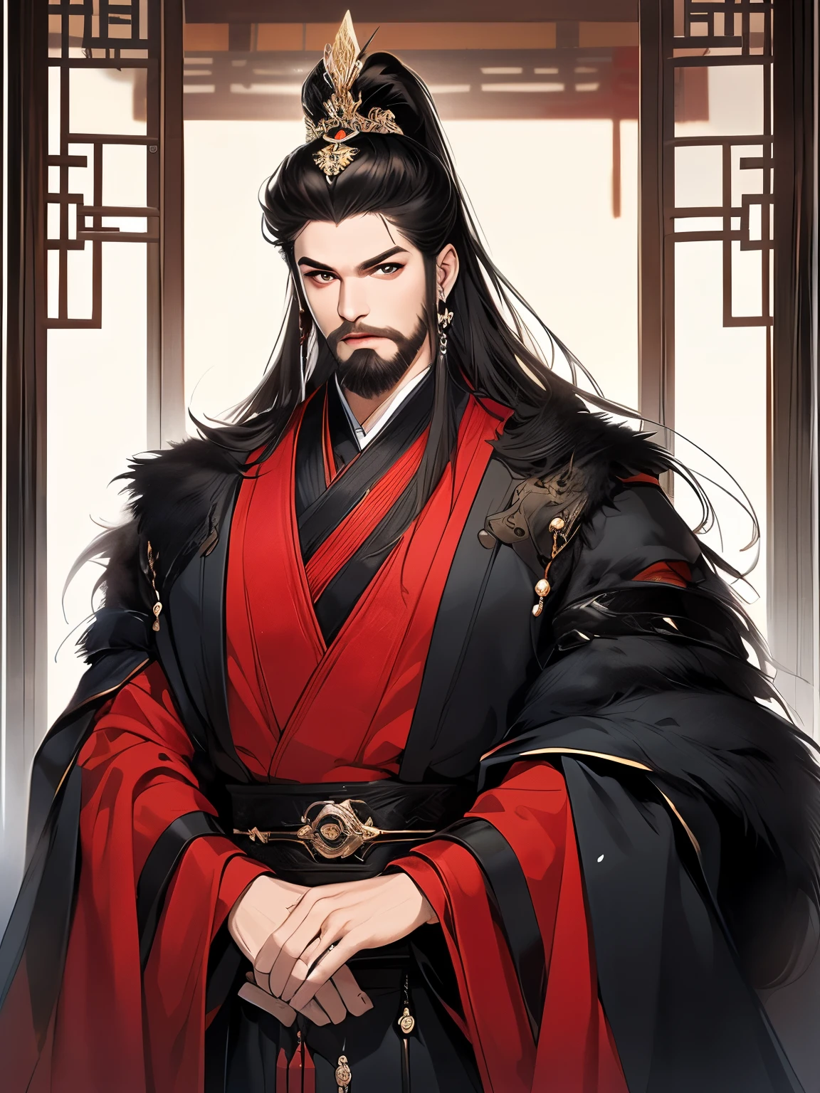 Best quality,tmasterpiece,16k,,a beautiful man,(Black Hanfu:1.5),asian architecture interior,ancient chinese palace style,