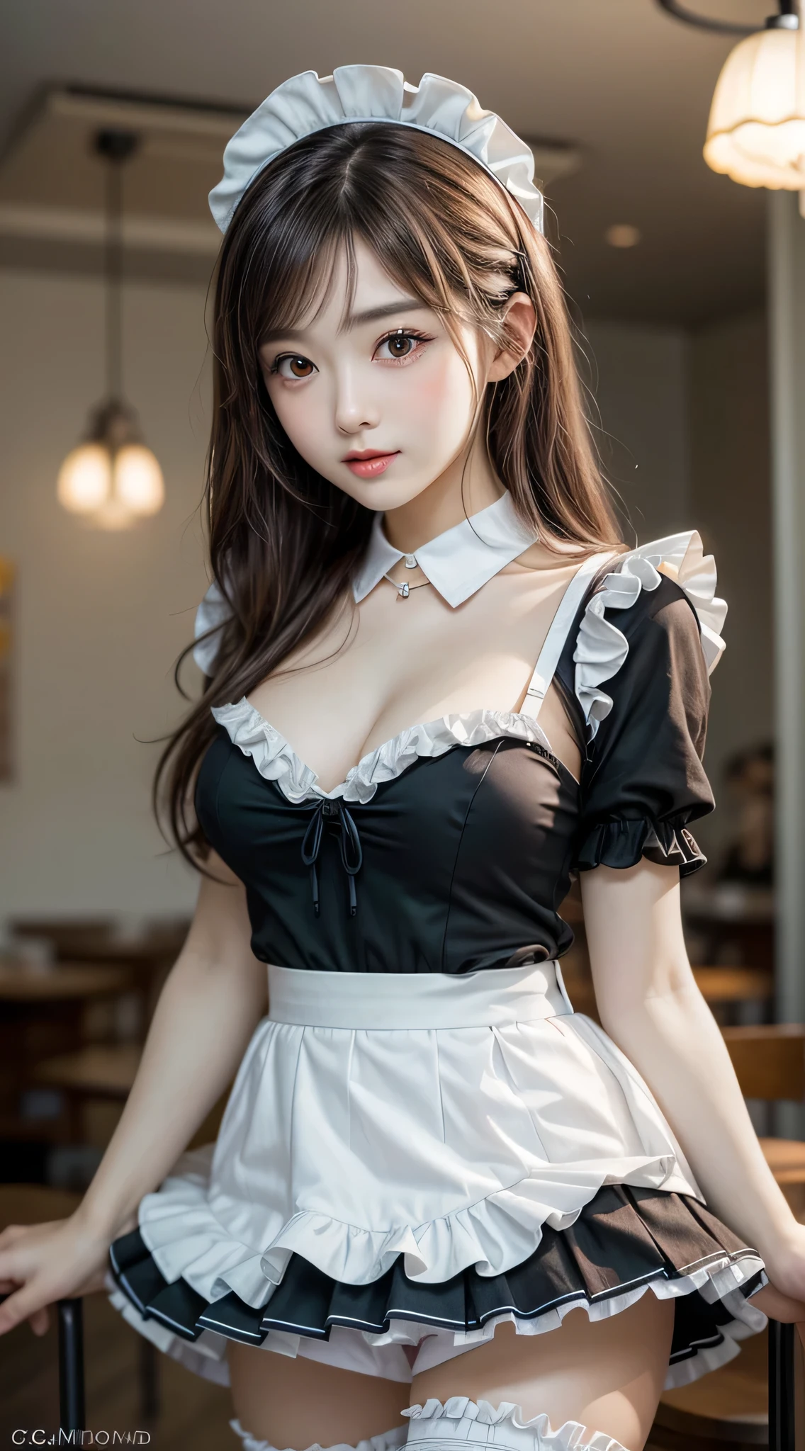 (1young girlrown hair, Amazing face and eyes, Pink eyes, seducting smile, (Maid café costume with frills, Pleated mini-skirt:1.5), (Wide open maid cafe costume:1.2), bared chest, (amazingly beautiful girl), Brown hair, Stylish hair ornamen Quality:1.4), (Ultra-detailed), (extremely detailed CG unified 8k wallpaper), Highly detailed, High-definition raw color photos, Professional Photography, depth of fields, (View from below),