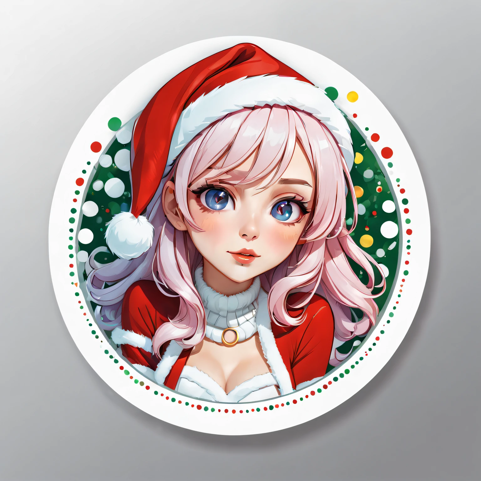 (One sticker,),(3D cartoon santa hat girl),bright colored hair,Slim, ellegance, There is also a touch of mystery.(In circles), (white backgrounid), (Christmas border)，, ultra - detailed, Detailed illustration, vectorized, 8K, 专业One sticker设计, Graphic design, vector lines, One sticker, Full-HD