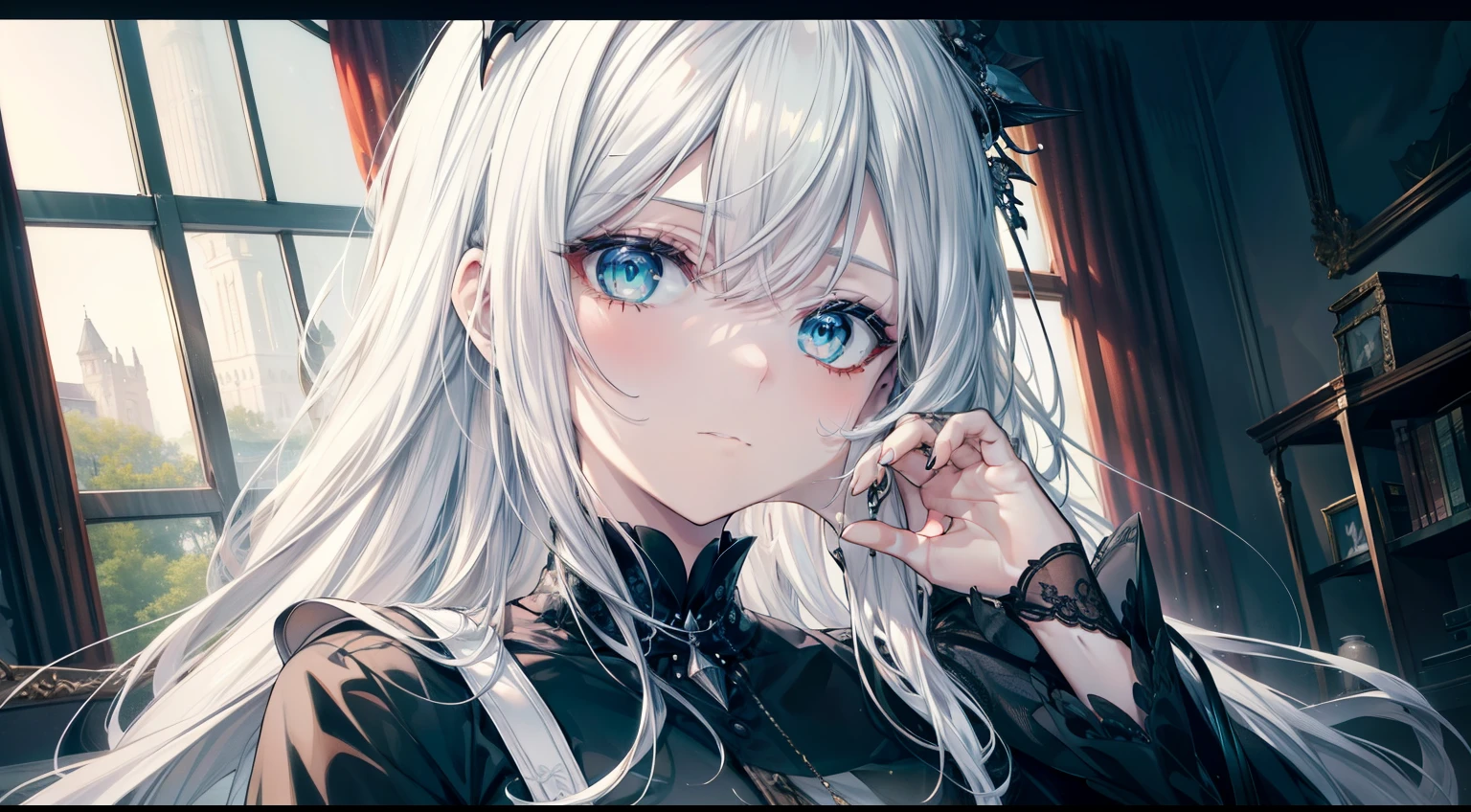 (masutepiece, Best Quality), Intricate details, 8K, Sharp focus quality) (Detailed skin:1.3) (Intricate details) (8K) (Detailed eyes) (Anime) Man's character, Soft hair, Long hair, (White hair), Light green eyes,、 Man's, Anime Man's, frontage, 素敵なMan's子, Perfect face, Detailed eyes, Bold background, Detailed accessories, Unique costumes, Sharp eyes, Man's, A young man, Idol, dark color, pale skin, angelicales、 Defined features, Model, Gothic, Symbolism, Comfortable clothing, Dark room, Cluttered room, Indoors, Detailed background, Bold colors, bold outline, Sharp face, Nighttime, Night, Pose, Handsome, sleepy, Tired, drooing eyes