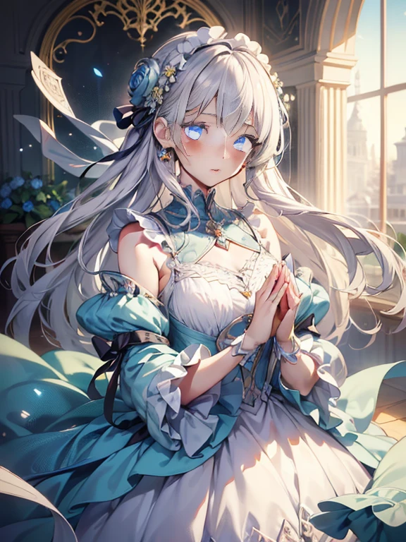 Official art, ヨーロッパの​masterpiece女性,, pale silver hair , azure eyes, (​masterpiece、top-quality、hight resolution: 1.4),in 8K, Anime Art Nouveau, highly detailed exquisite fanart, anime fantasy illustration, clean detailed anime art, detailed anime art, sharp focus of a person, Delicate Beautiful Hair and Eyes and Face, realisitic, ultra-detailliert, Flower Garden,((Delicate, delicate and cute hands)),((elegant shiny dress)),((Lots of races)),((lots of ruffles)),((lots of ribbons))