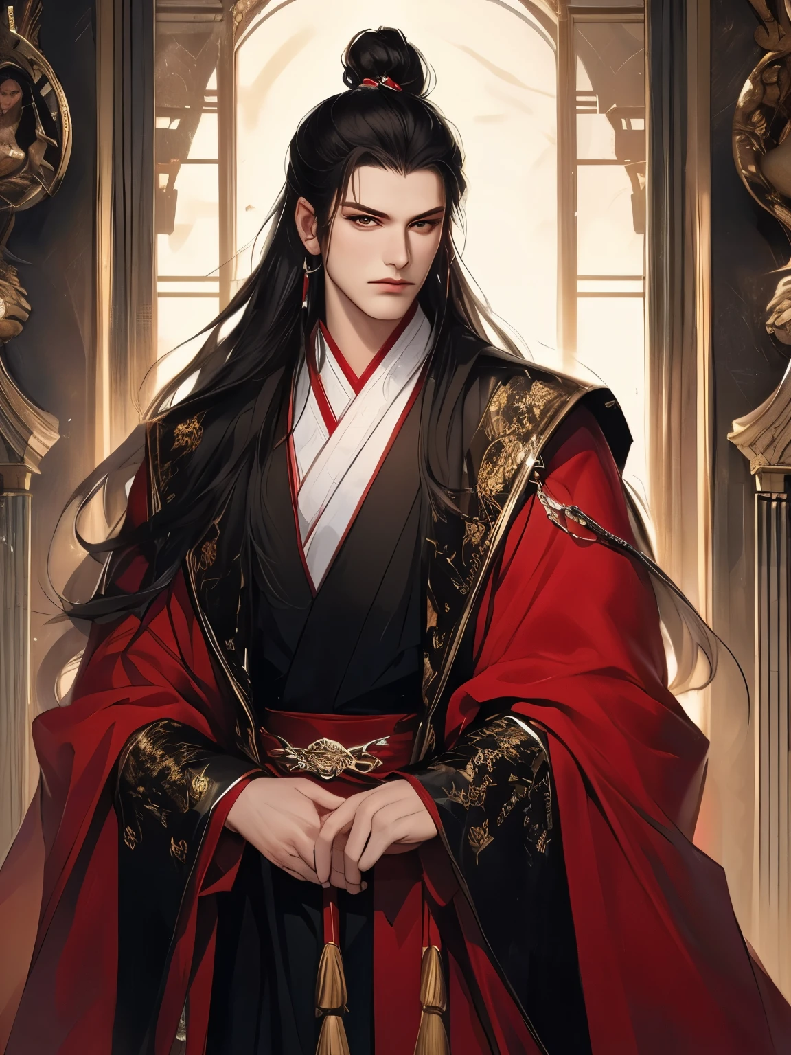 Best quality at best,tmasterpiece,16k,,a beautiful man,(Black Hanfu:1.5),asian architecture interior,ancient chinese style palace,
