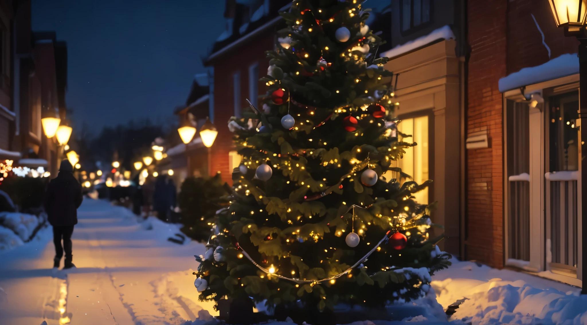 there is a small Christmas tree in the middle of a snowy street, with a trees in the background, Christmas tree, 8k 50mm ISO 10, vacation, The street lights are on, Christmas Eve, shot with a canon 20mm lens, Photos taken at night, trees in the background, There is a tall tree, glowing lights at night