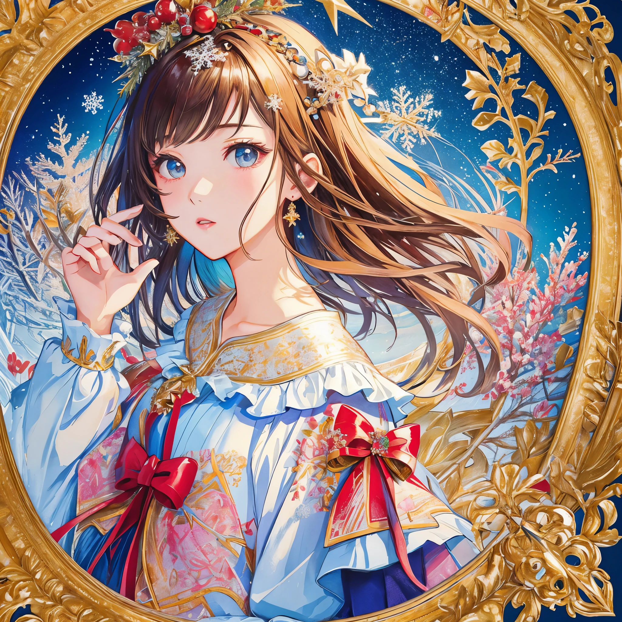 1 Lady、(masterpiece、top-quality、top-quality、Official art、Beautifully Aesthetic:1.2)、(1girl in)、ighly detailed、colourfull、highestdetailed、Beautiful rendering、amazing wallpapers、Round picture frame、Detail Frame、Snowflake、Christmas