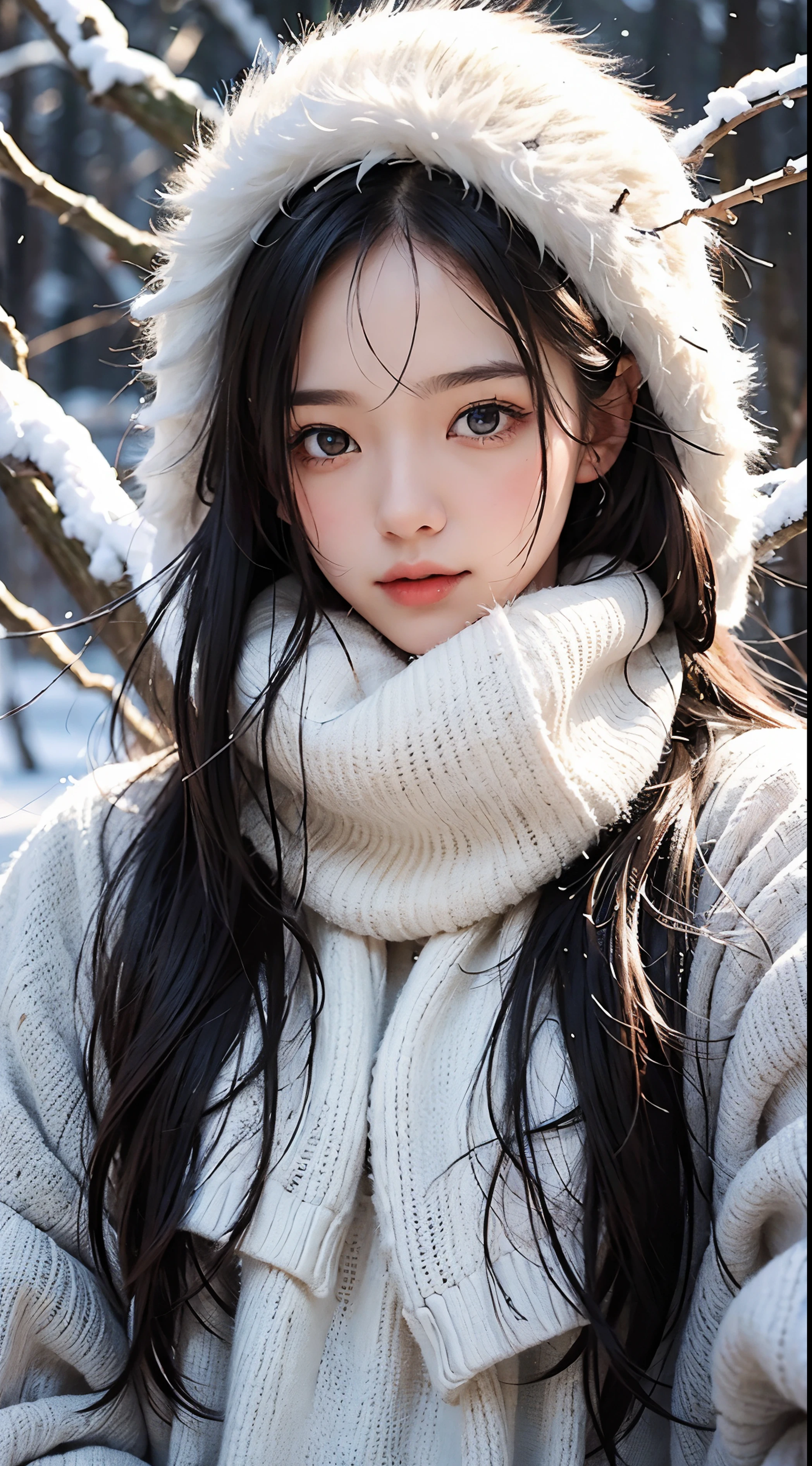 (((A woman standing in a winter landscape)))、A town where it snows in the evening、Blushing cheeks、Beautiful eyes and face、An ultra-high picture quality、8K、Smart body、High Style、About 24 years old、Detailed eyes、Detailed skin、