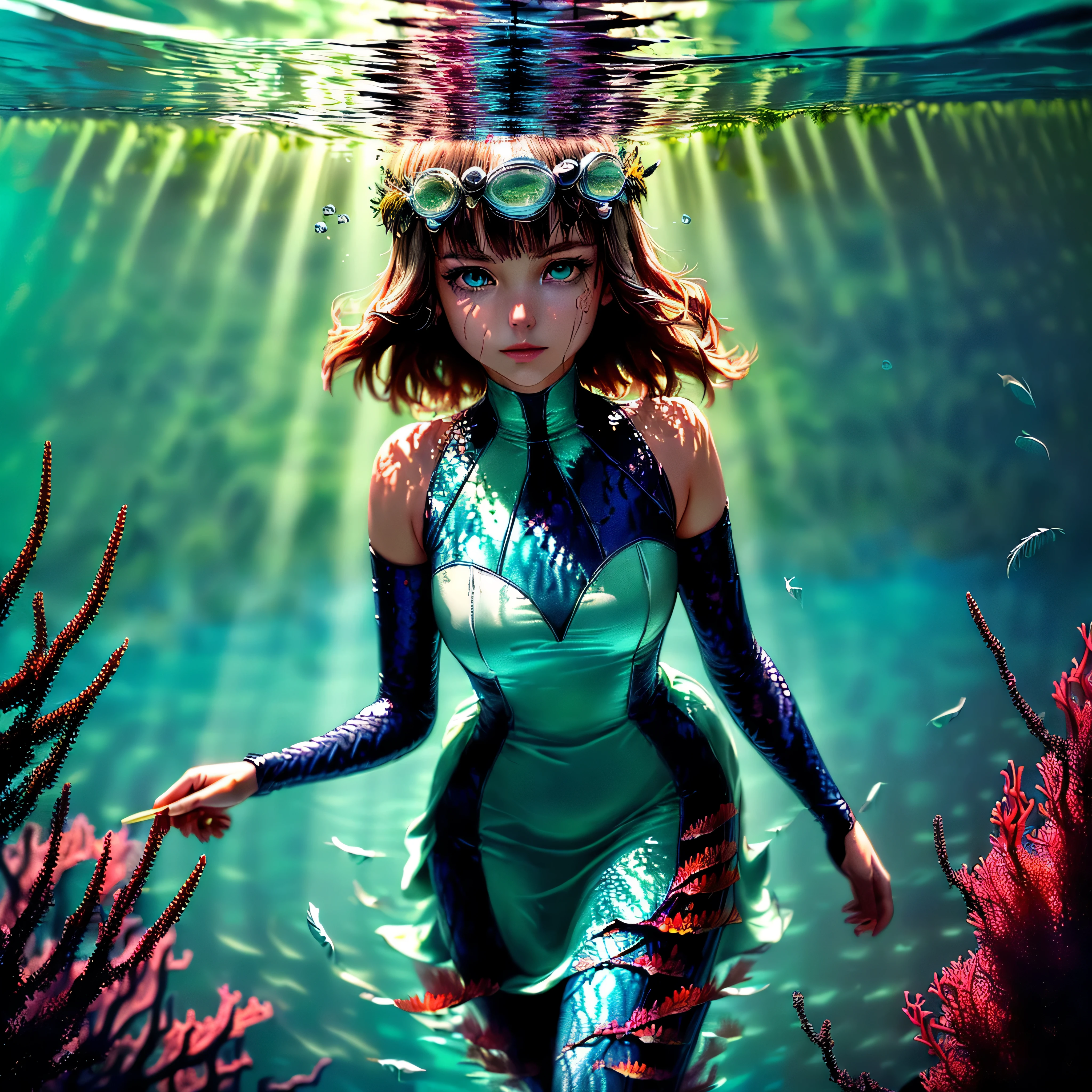 (((masterpiece))),(((best quality))),((ultra-detailed)),((underwater)),(illustration),(beautiful detailed water),((coral)),open tuck,((extremely delicate and beautiful girls)),dynamic angle,floating,(beautiful detailed eyes),(detailed light),(li),floating hair,glowing eyes,(splash),underwater),((fishelack hair,green right eye,iceblue left eye,very long white dress,feather,nature,(sunlight),(underwater forest),(painting),(bloom),(detailed glow),(drenched),seaweed,fish,(((Tyndall effect))),face to face --s 1000 --c 20 --q 20