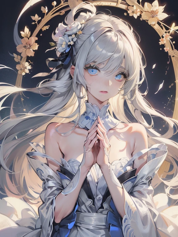 Official art, ヨーロッパのmasterpiece女性,, pale silver hair , azure eyes, (masterpiece、top-quality、hight resolution: 1.4),in 8K, Anime Art Nouveau, highly detailed exquisite fanart, anime fantasy illustration, clean detailed anime art, detailed anime art, sharp focus of a person, Delicate Beautiful Hair and Eyes and Face, realisitic, ultra-detailliert, Flower Garden,((Delicate, delicate and cute hands)),((elegant shiny dress)),((Lots of races)),((lots of ruffles)),((lots of ribbons))