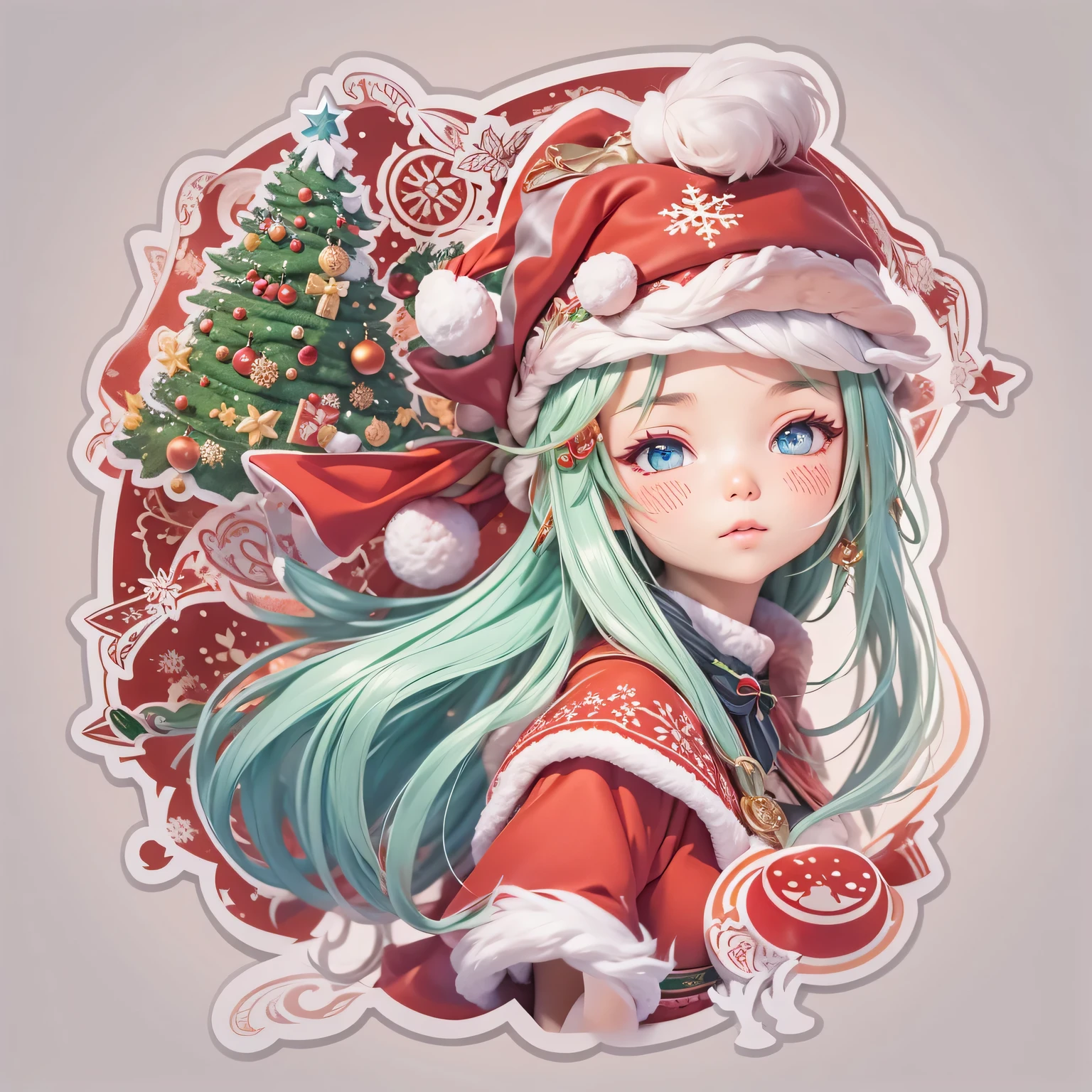 (One sticker,),(3D cartoon santa hat girl),bright colored hair,Slim, ellegance, There is also a touch of mystery.(on a circular background), (Christmas border),, ultra - detailed, Detailed illustration, vectorized, 8K, 专业One sticker设计, Graphic design, vector lines, One sticker, Full-HD