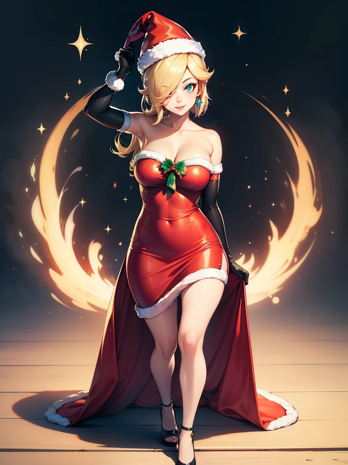 1girl, solo, masterpiece, best quality, high res, highly detailed, (illustration), beautiful detailed eyes, rosalina ,glossy lips, makeup, smile, long white satin elbow gloves, cowboy shot, (santa), red santa dress, santa hat, strapless dress, full body